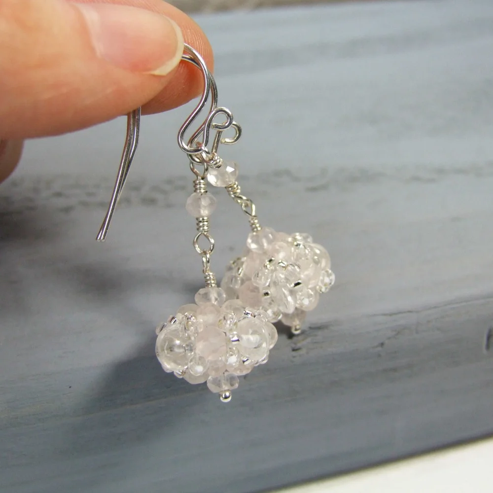 Pale Pink Rose Quartz & Crystal Bauble Earrings