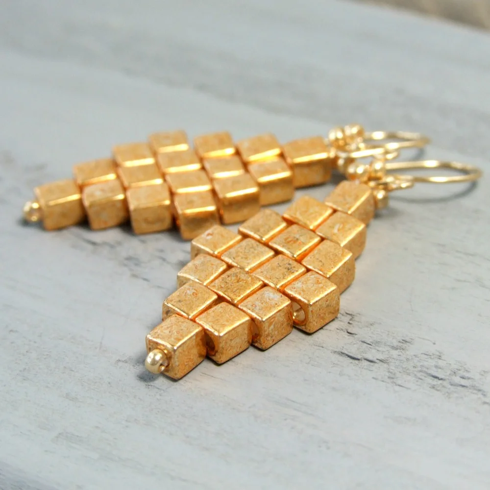 Cube Gold Glass Diamond Earrings