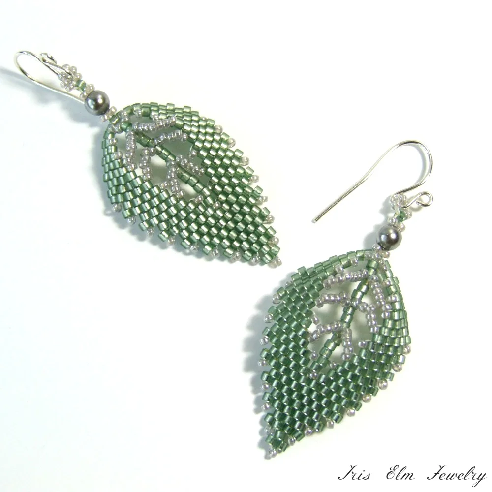 Sage Green Glass & Pearl Leaf Earrings - Iris Elm Jewelry
