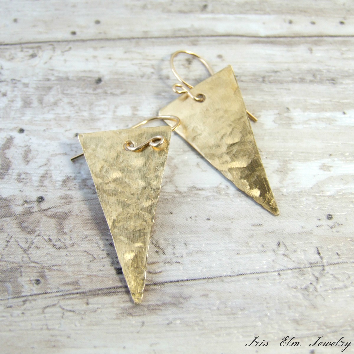 Modern Hammered Brass Triangle Earrings by Iris Elm Jewelry