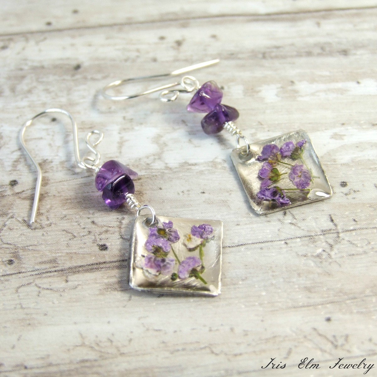 Amethyst & Real Purple Flower Earrings