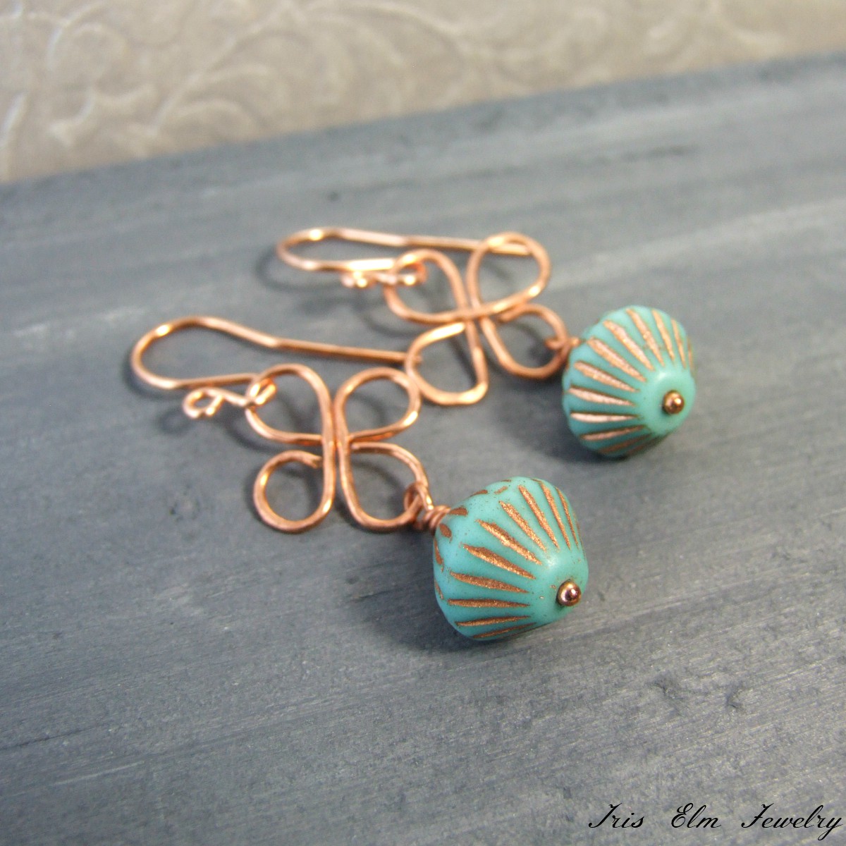 Copper & Turquoise Glass Clover Dangle Earrings
