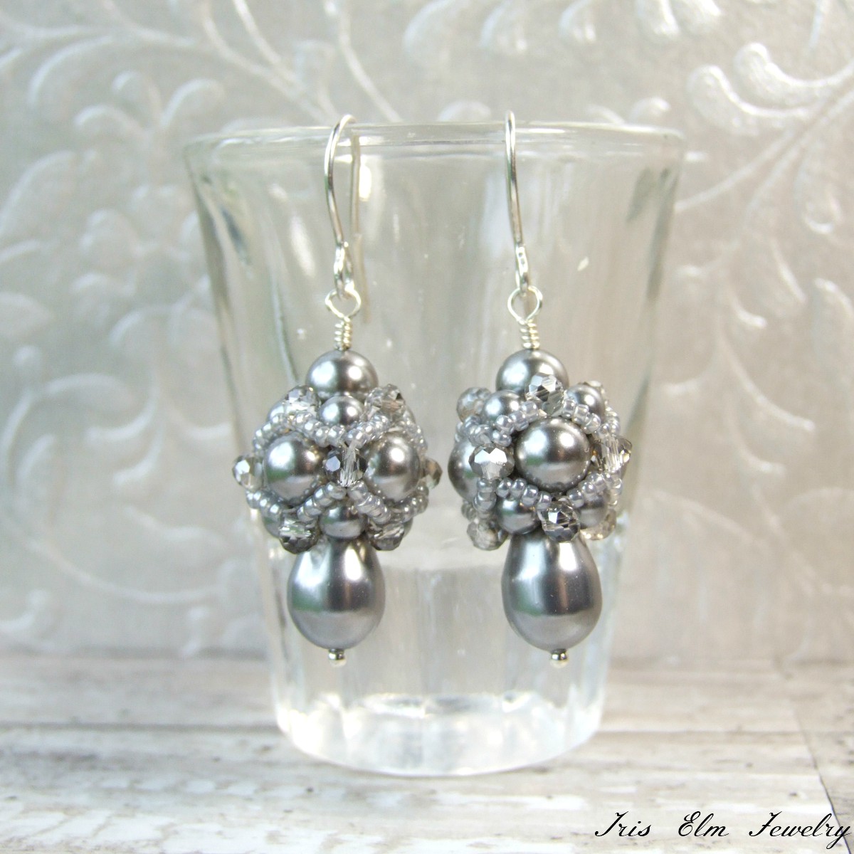 Vintage Style Beadwork Grey Pearl Earrings