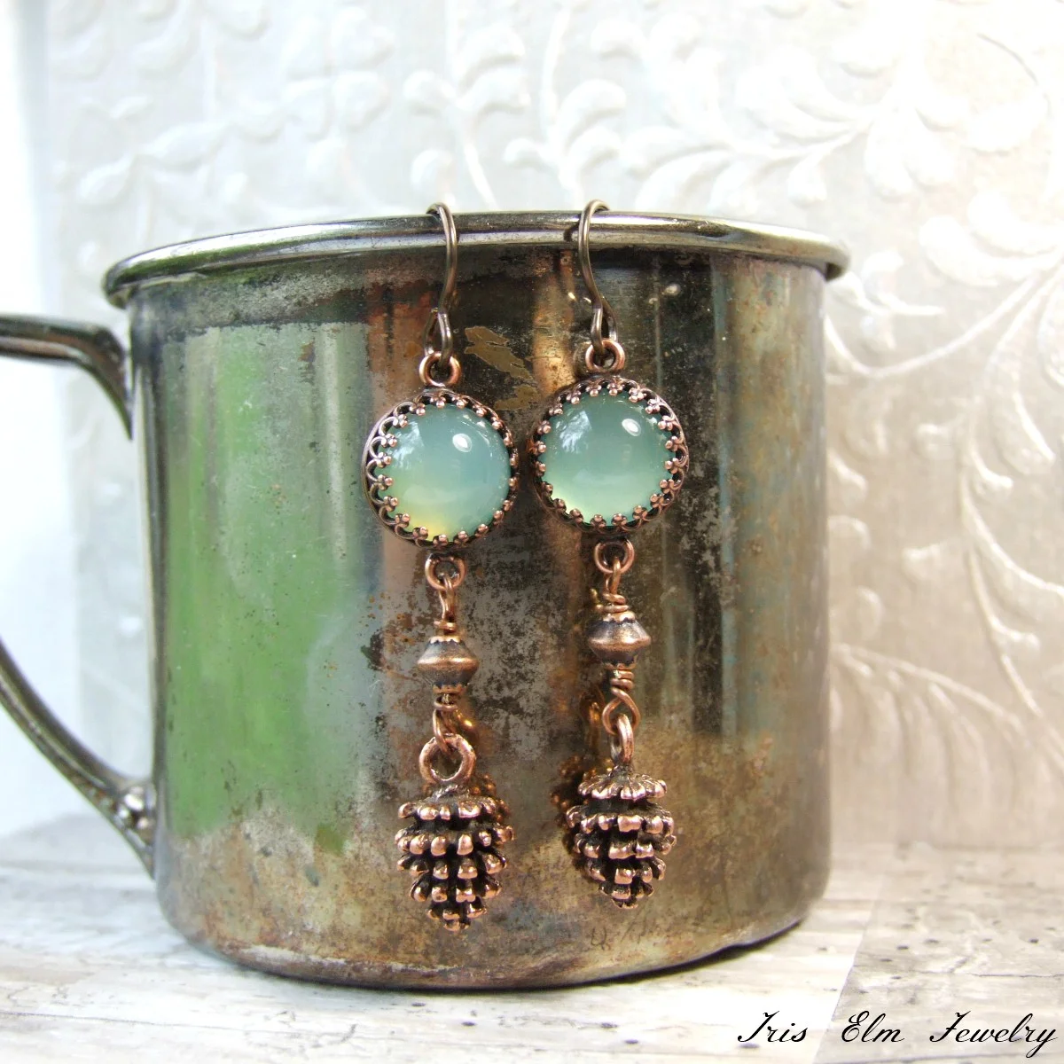 Seafoam Green Chalcedony Pinecone Dangle Earrings