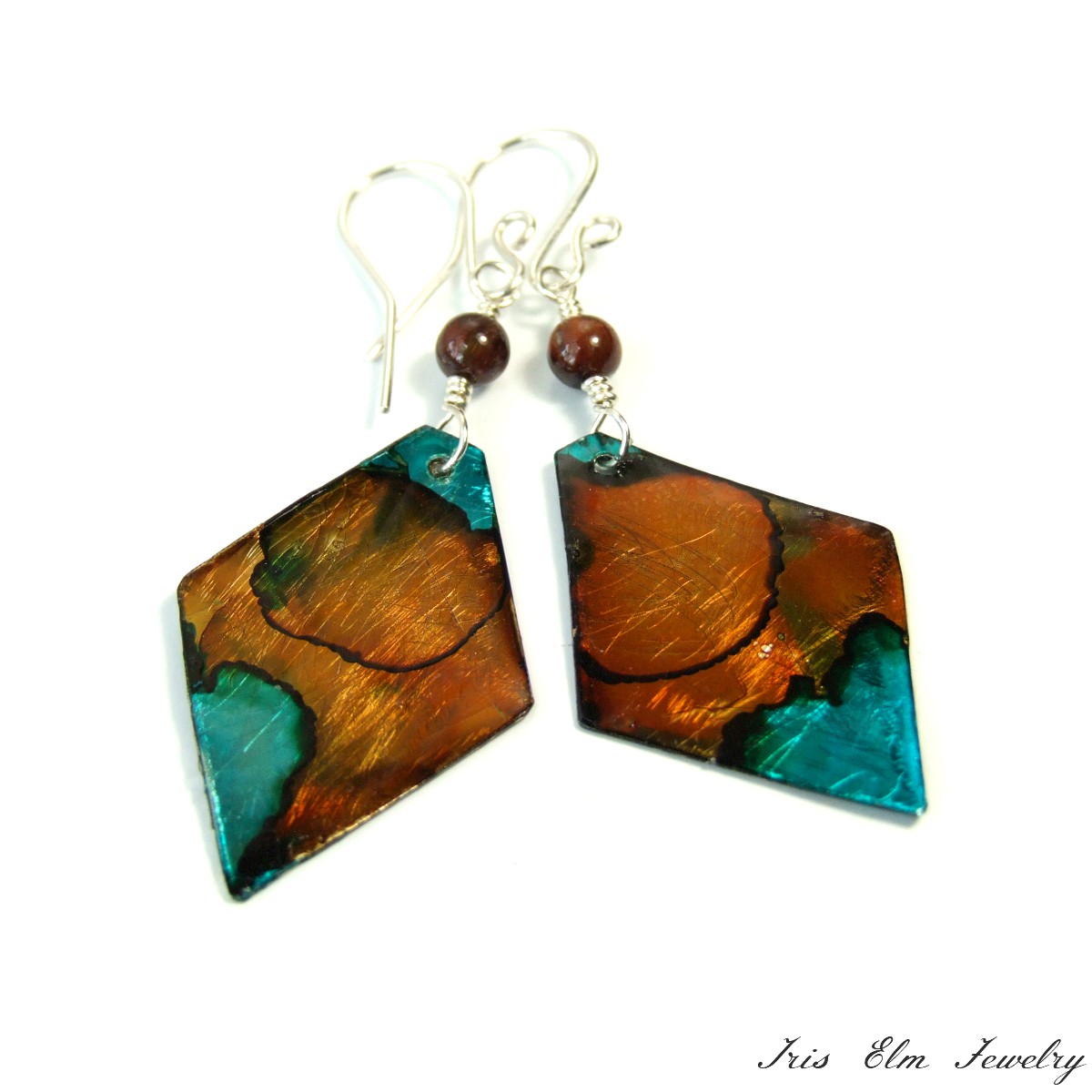 Brown Painted Metal Tiger Eye Earrings