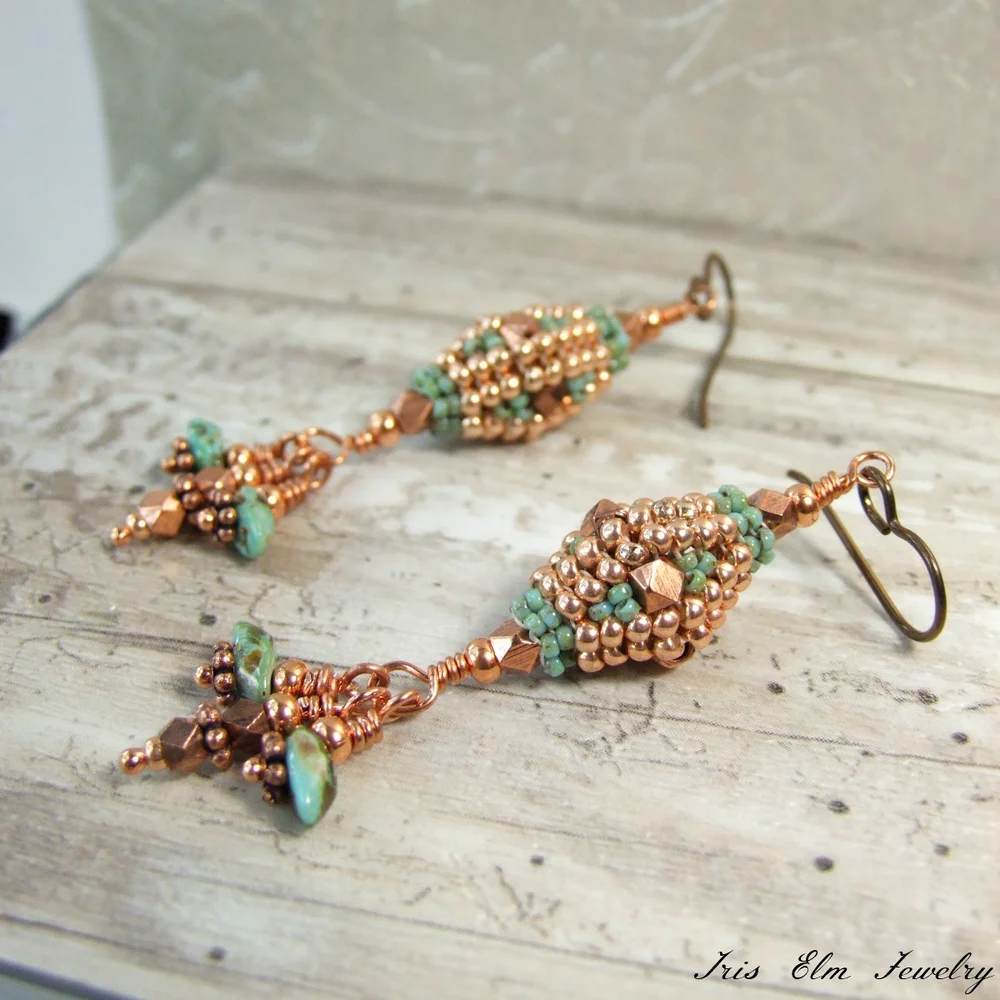 Copper and Turquoise Glass Beadwork Dangle Earrings Niobium