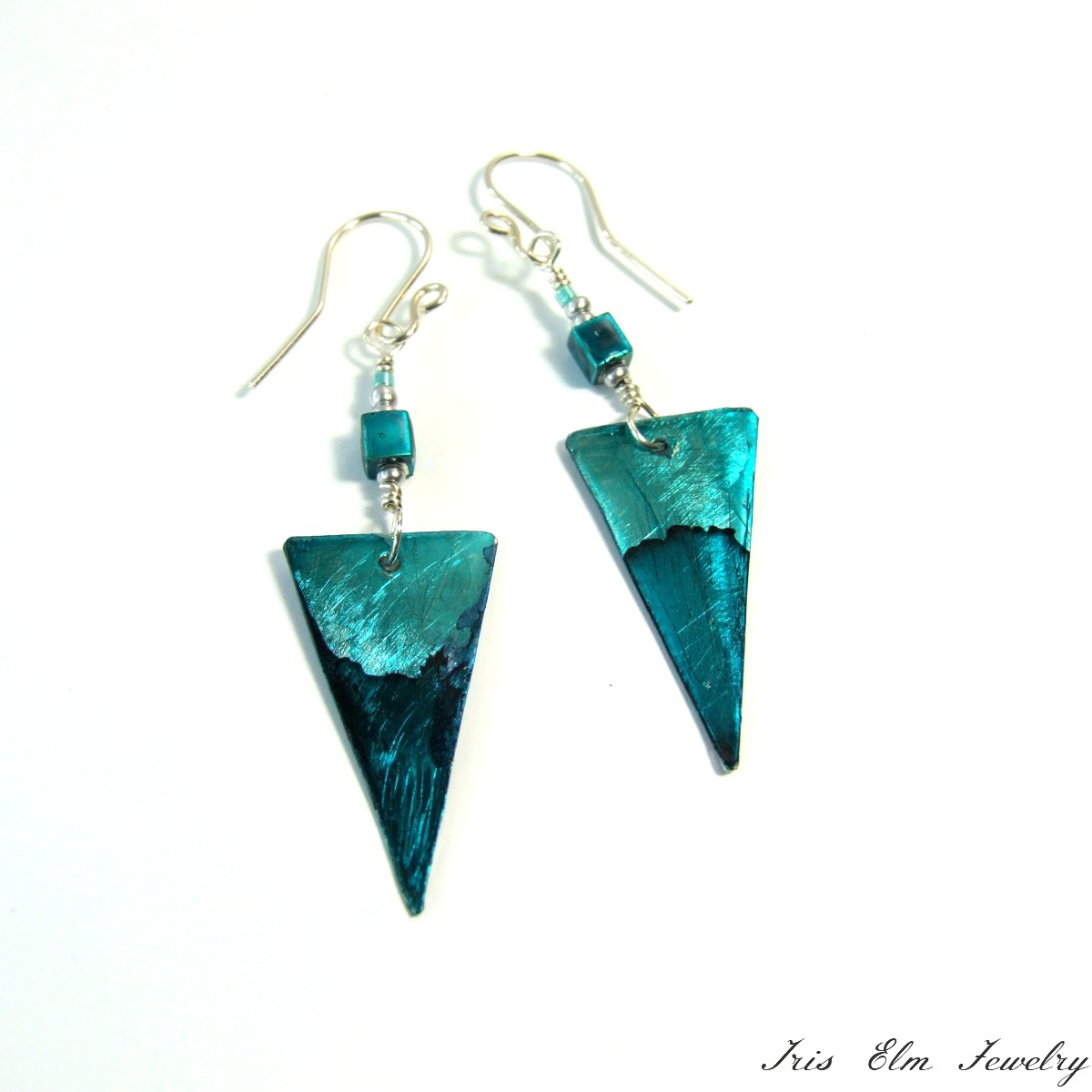 Teal Triangle Metal Dangle Earrings