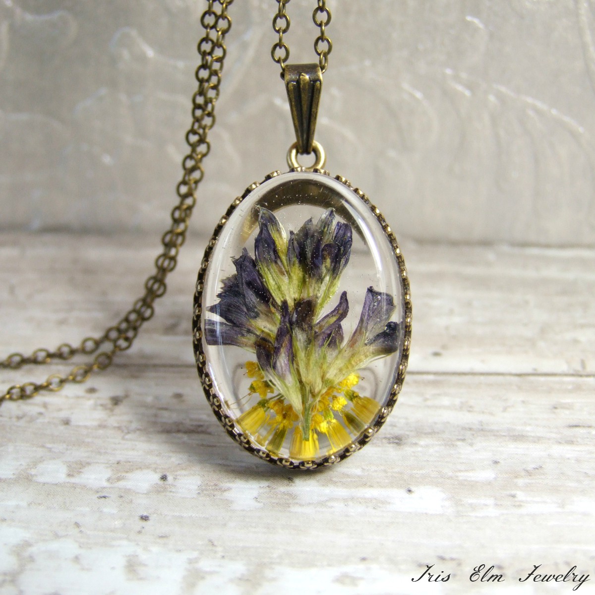 Dark Purple Wildflower & Yellow Yarrow Necklace