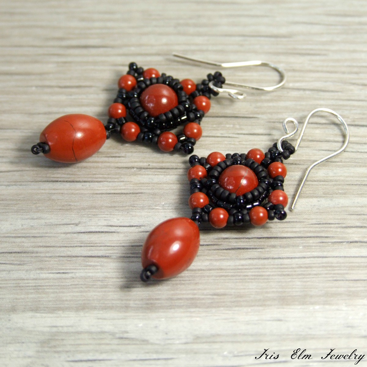 Unique Red Jasper Beadwork Earrings