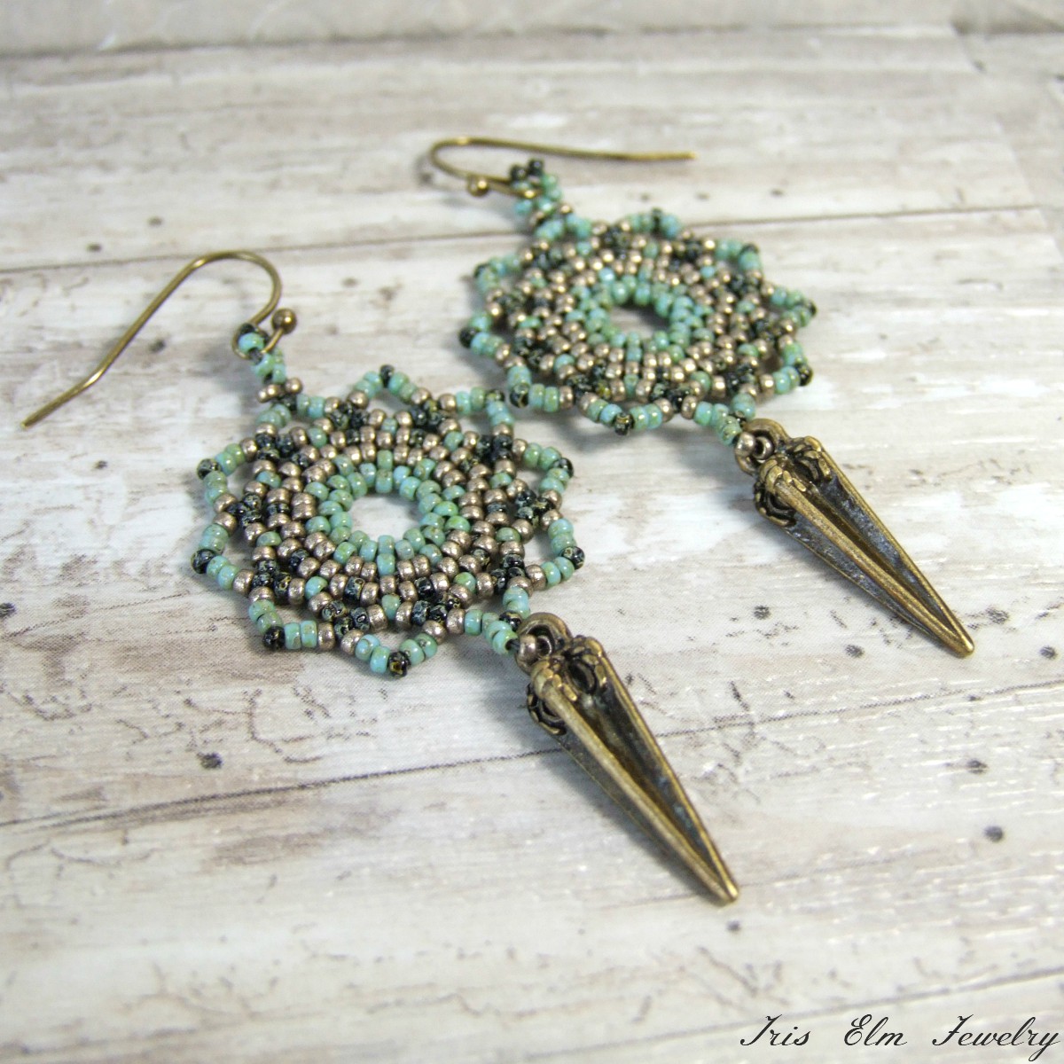 Seafoam Green Brass Boho Mandala Earrings