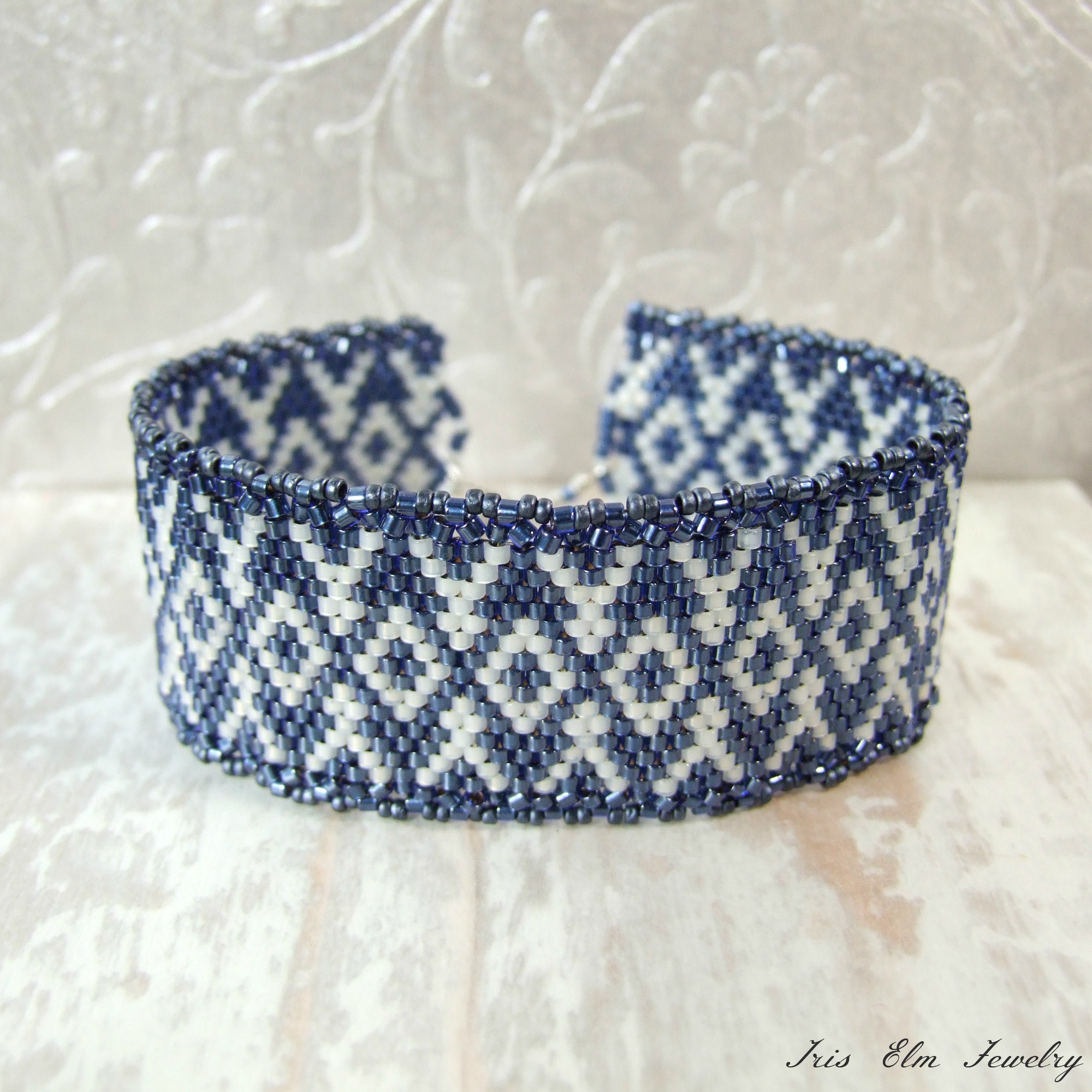sapphire blue and white woven bead bracelet iris elm jewelry