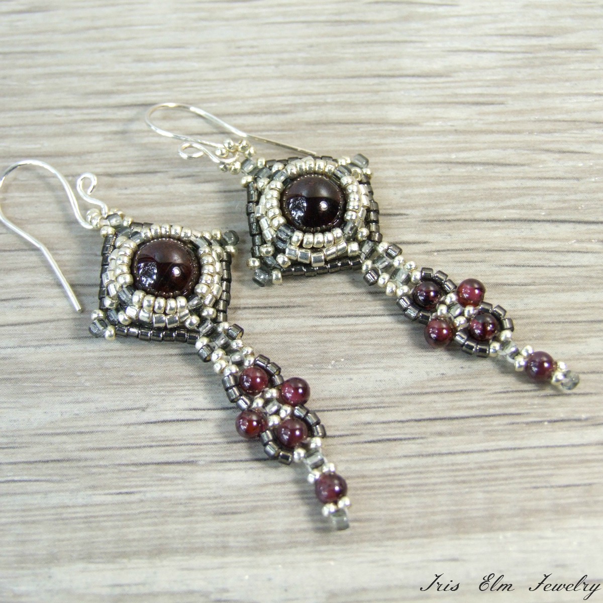 Beaded Art Nouveau Style Garnet Earrings