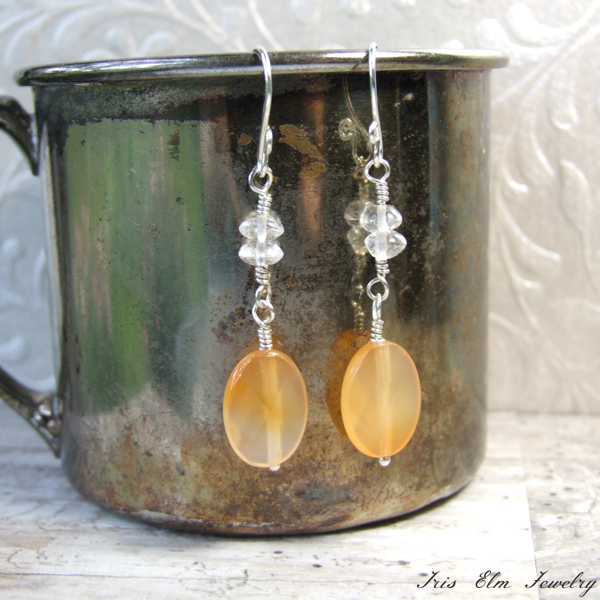 Light Orange Agate &amp; Quartz Crystal Dangle Earrings