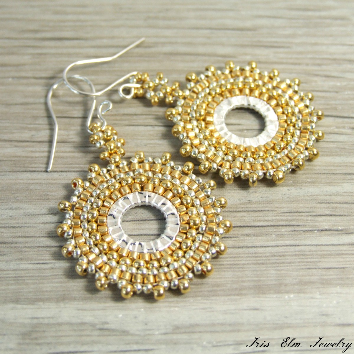 Gold Boho Woven Seed Bead Hoop Dangle Earrings