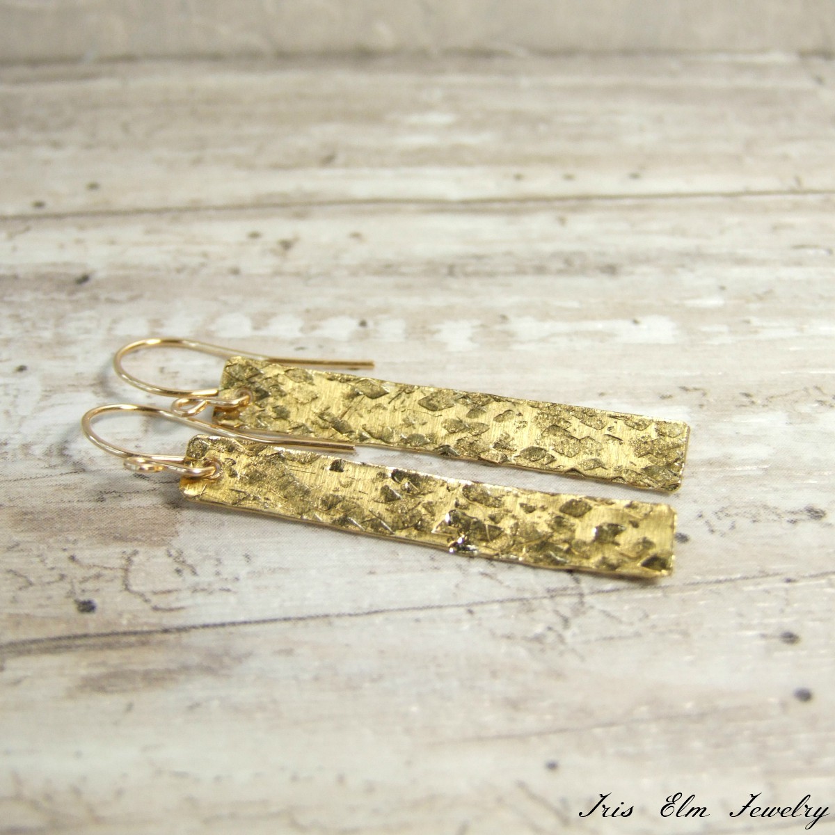 Hammered Brass Gold Bar Dangle Earrings