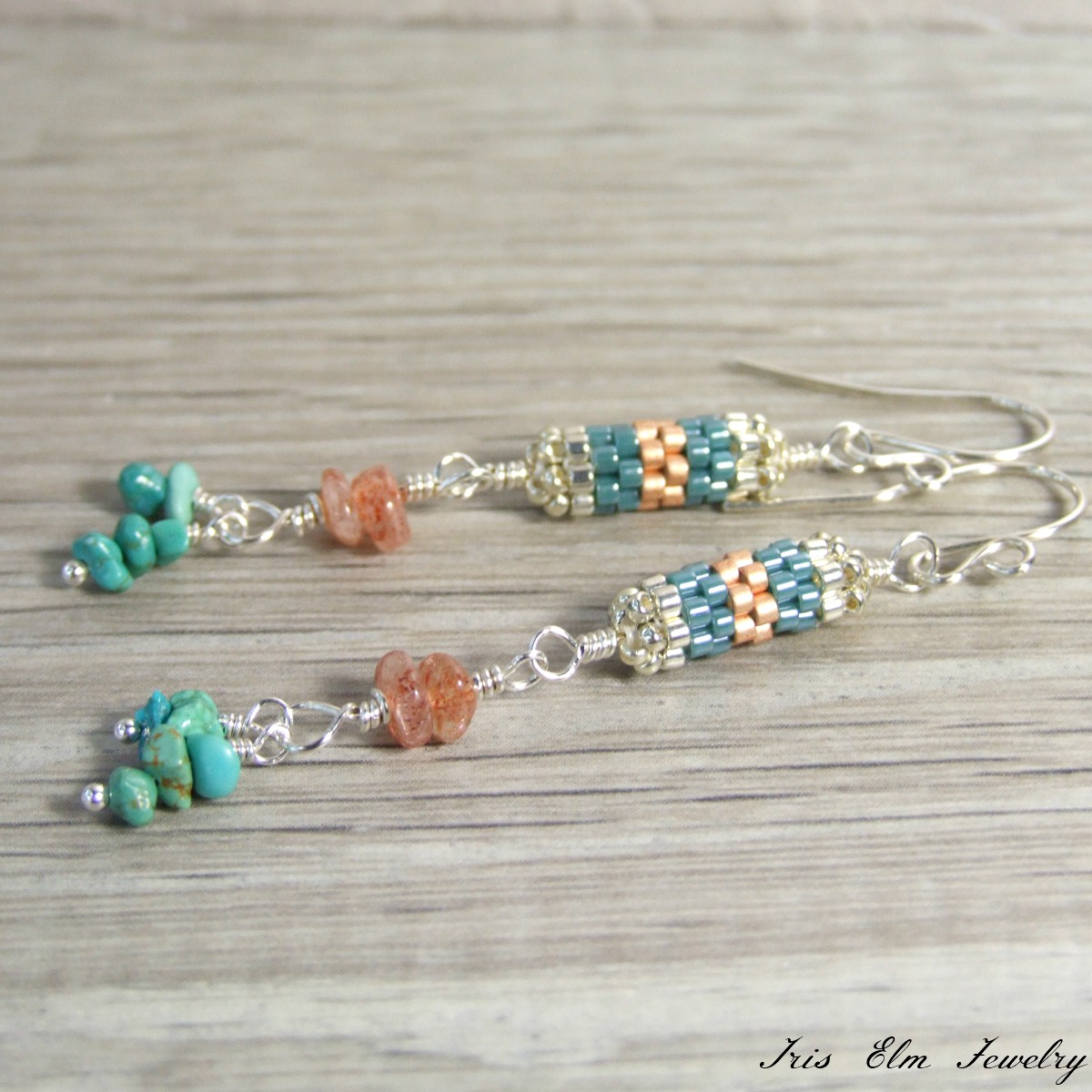 Handmade Genuine Turquoise &amp; Sunstone Bohemian Beaded Dangle Earrings