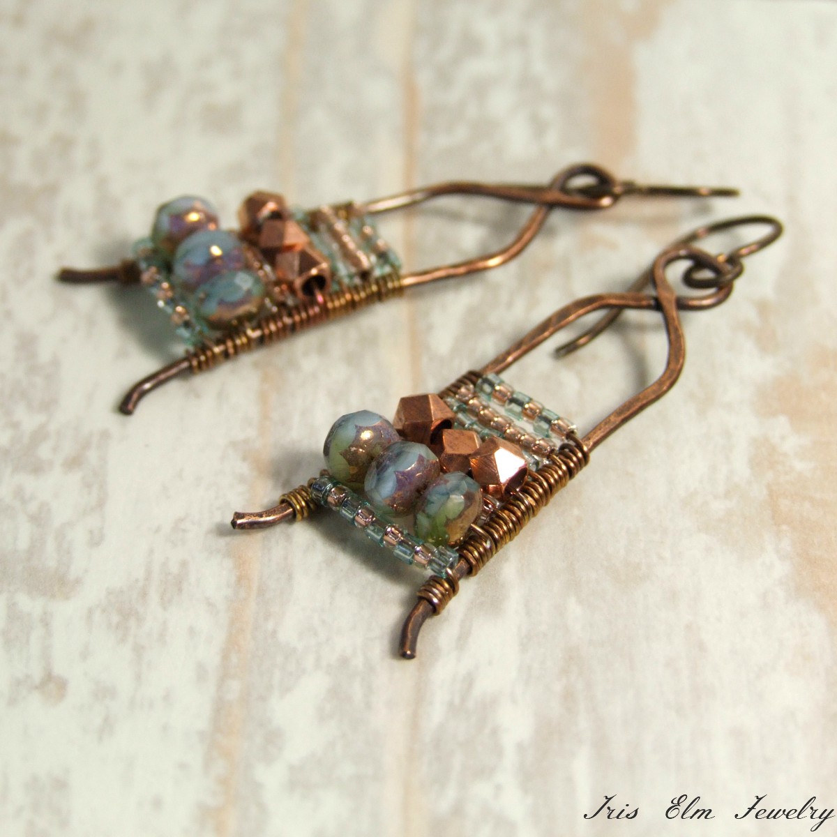 Copper Metal &amp; Aqua Blue Glass Wire Wrap Boho Earrings