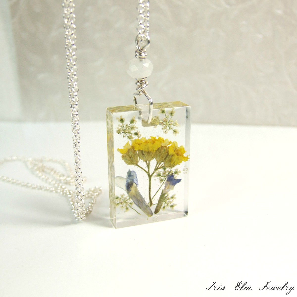 Sterling Silver Yellow Wildflower Necklace with Snow Quartz