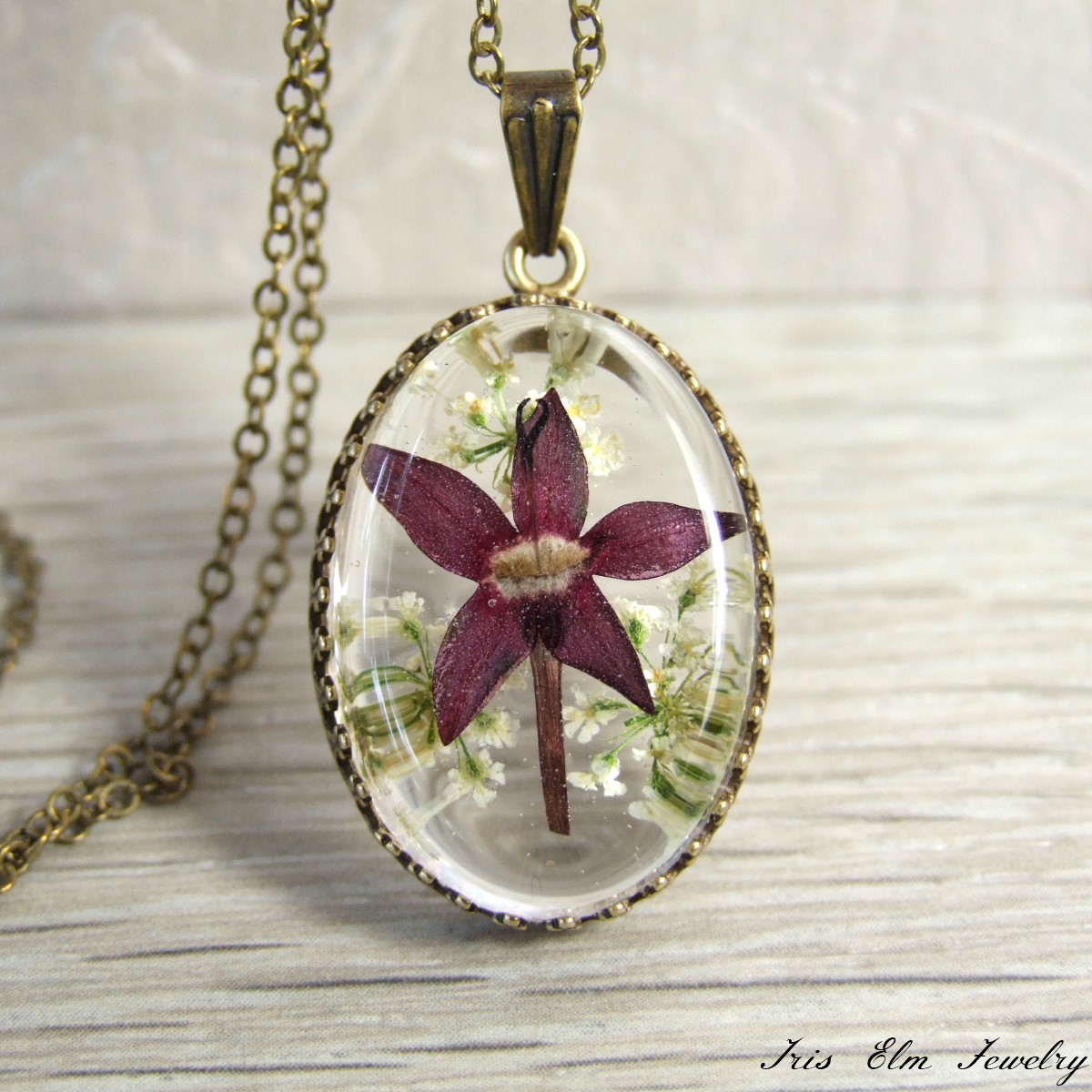 Purple Real Flower Oval Pendant Necklace