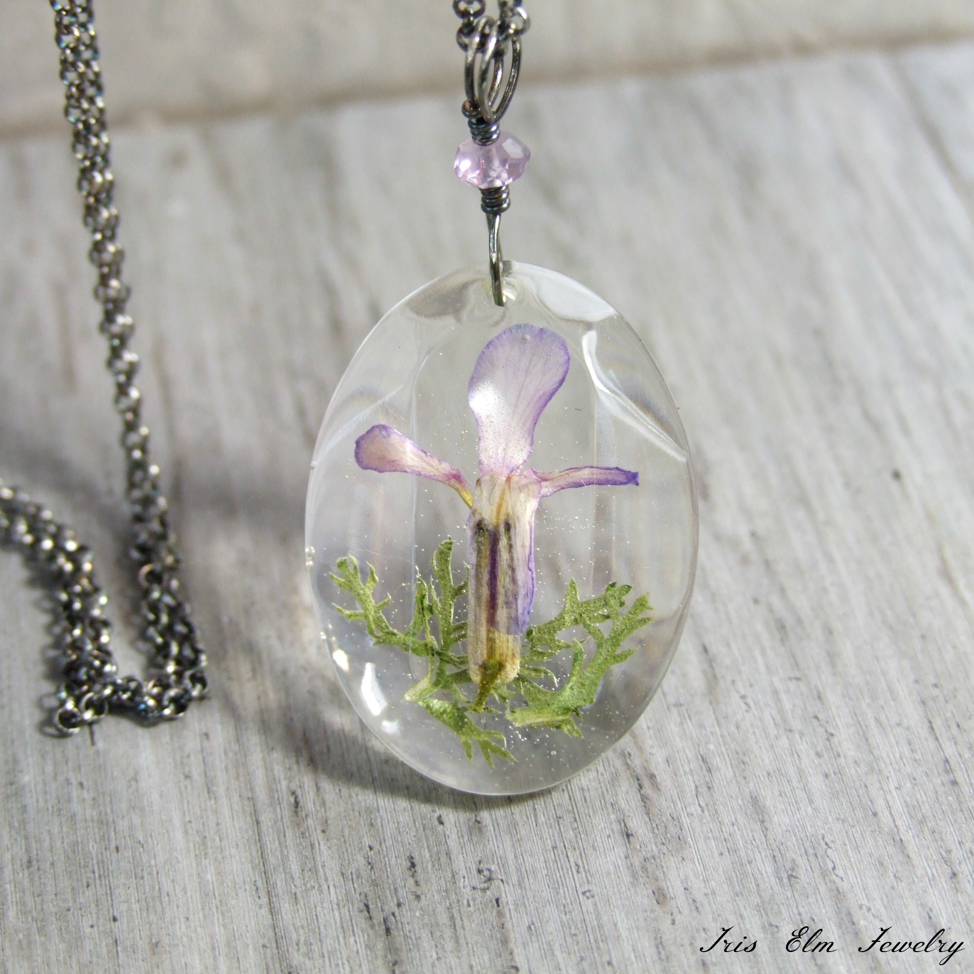 Purple Dame's Rocket Real Wildflower Sterling &amp; Amethyst Necklace