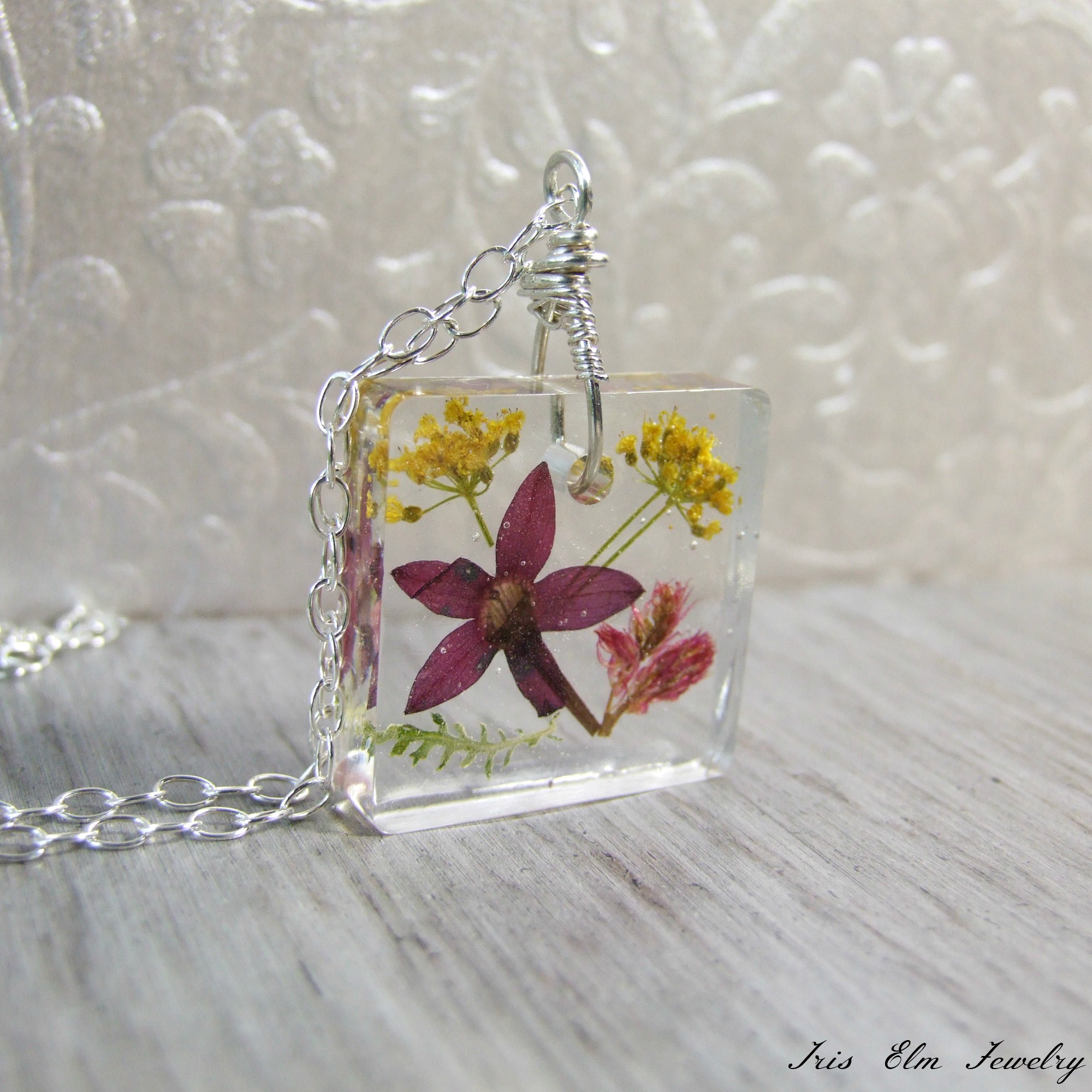 Square Resin Unique Real Flower Sterling Silver Pendant Necklace