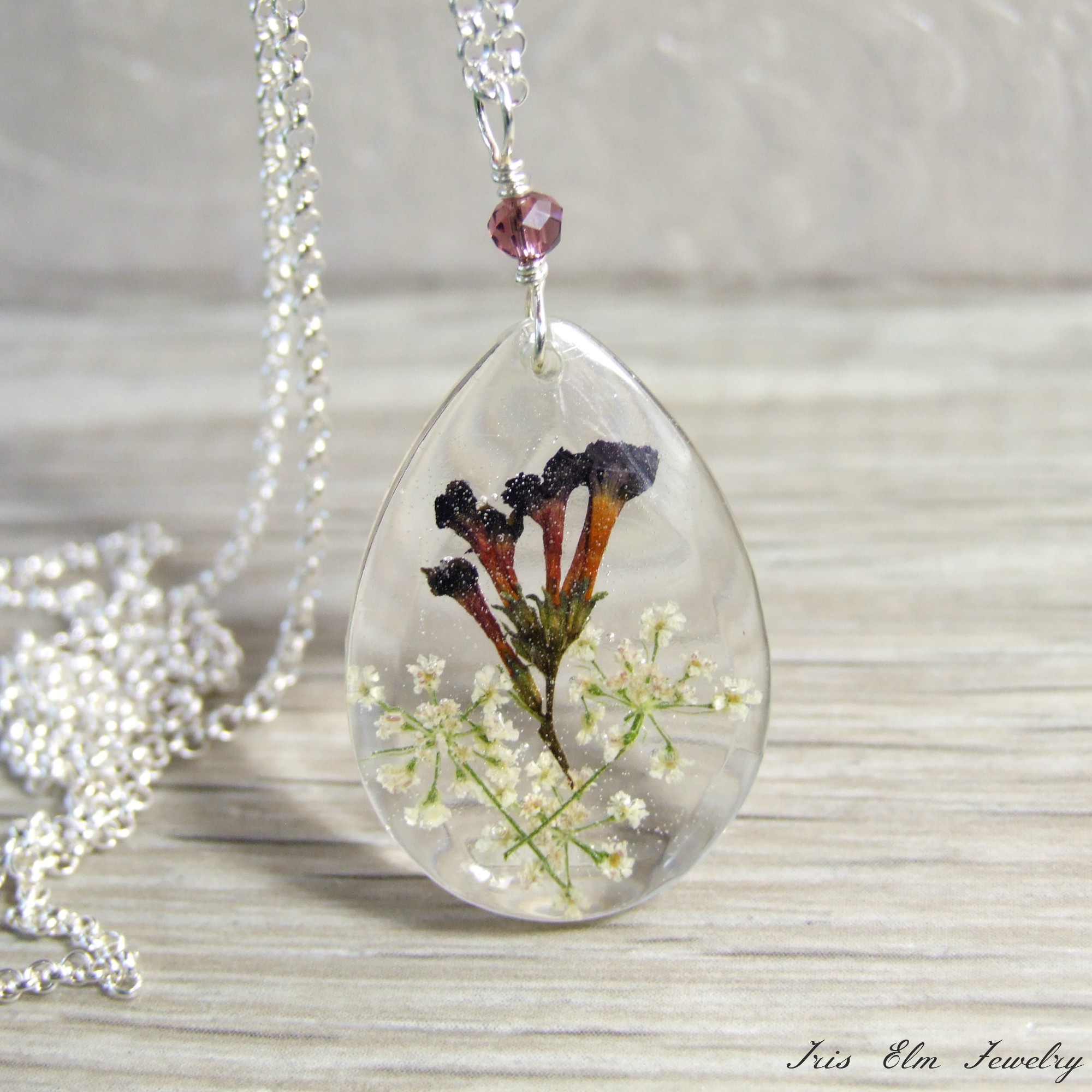 Teardrop Shaped Dark Purple &amp; White Sterling Pressed Wildflower Necklace