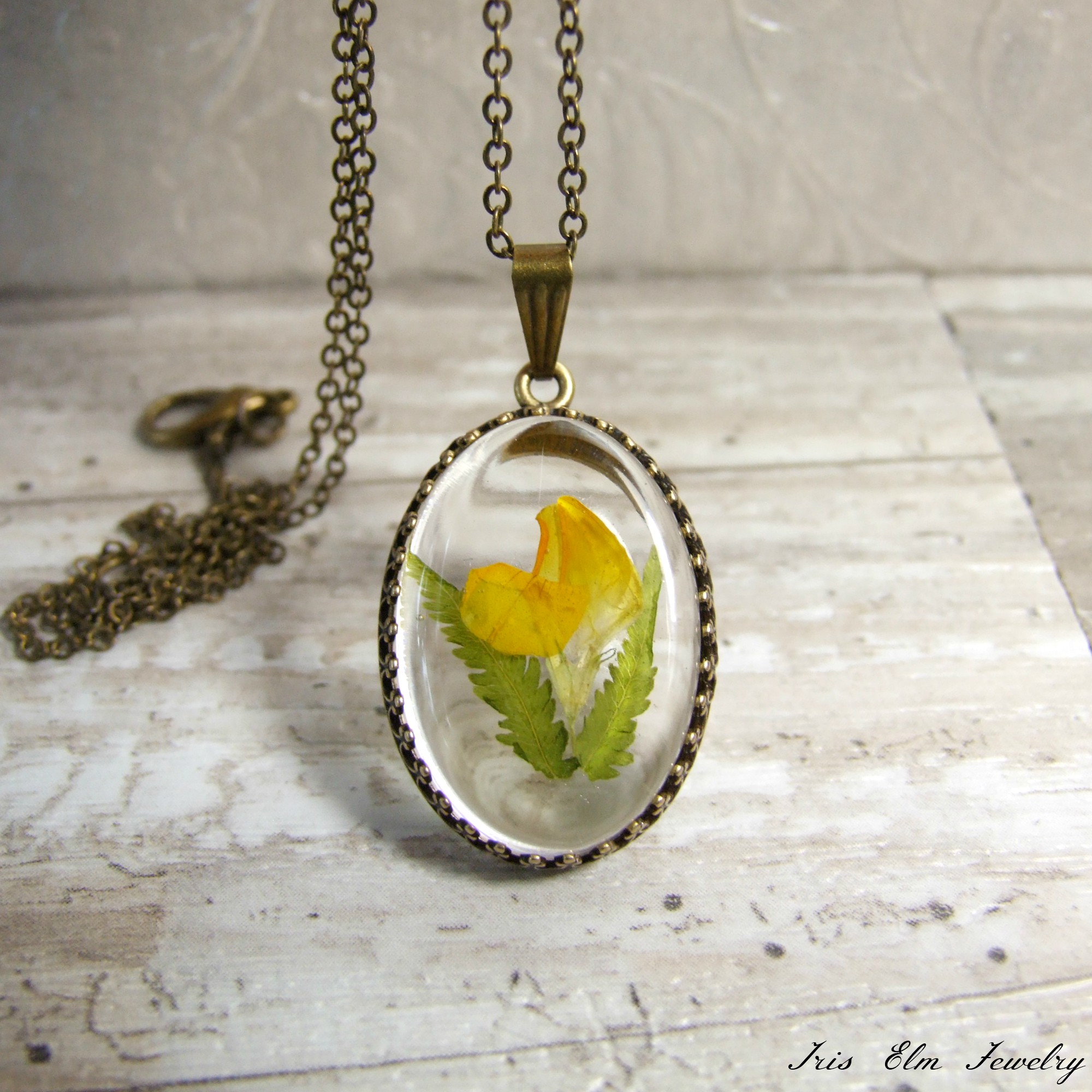 Yellow Trefoil Wildflower &amp; Fern Resin Pendant Necklace