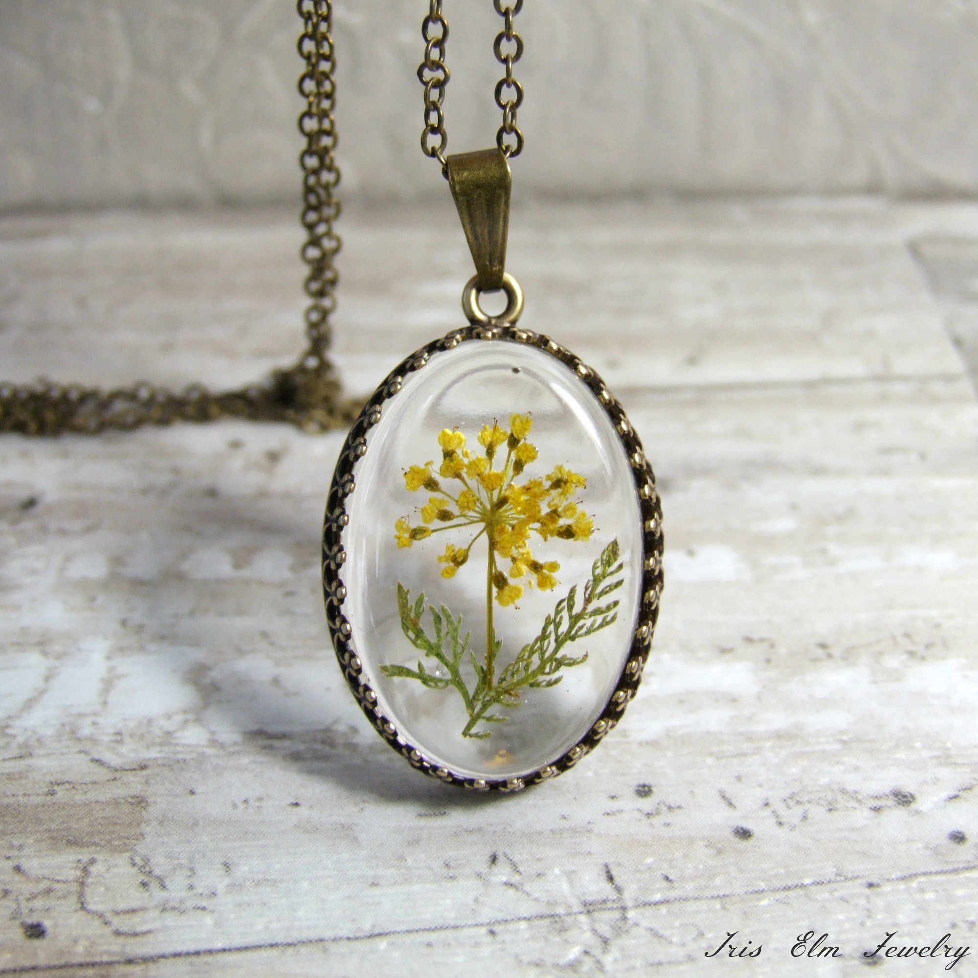 Antiqued Brass Yellow Pressed Wildflower Necklace