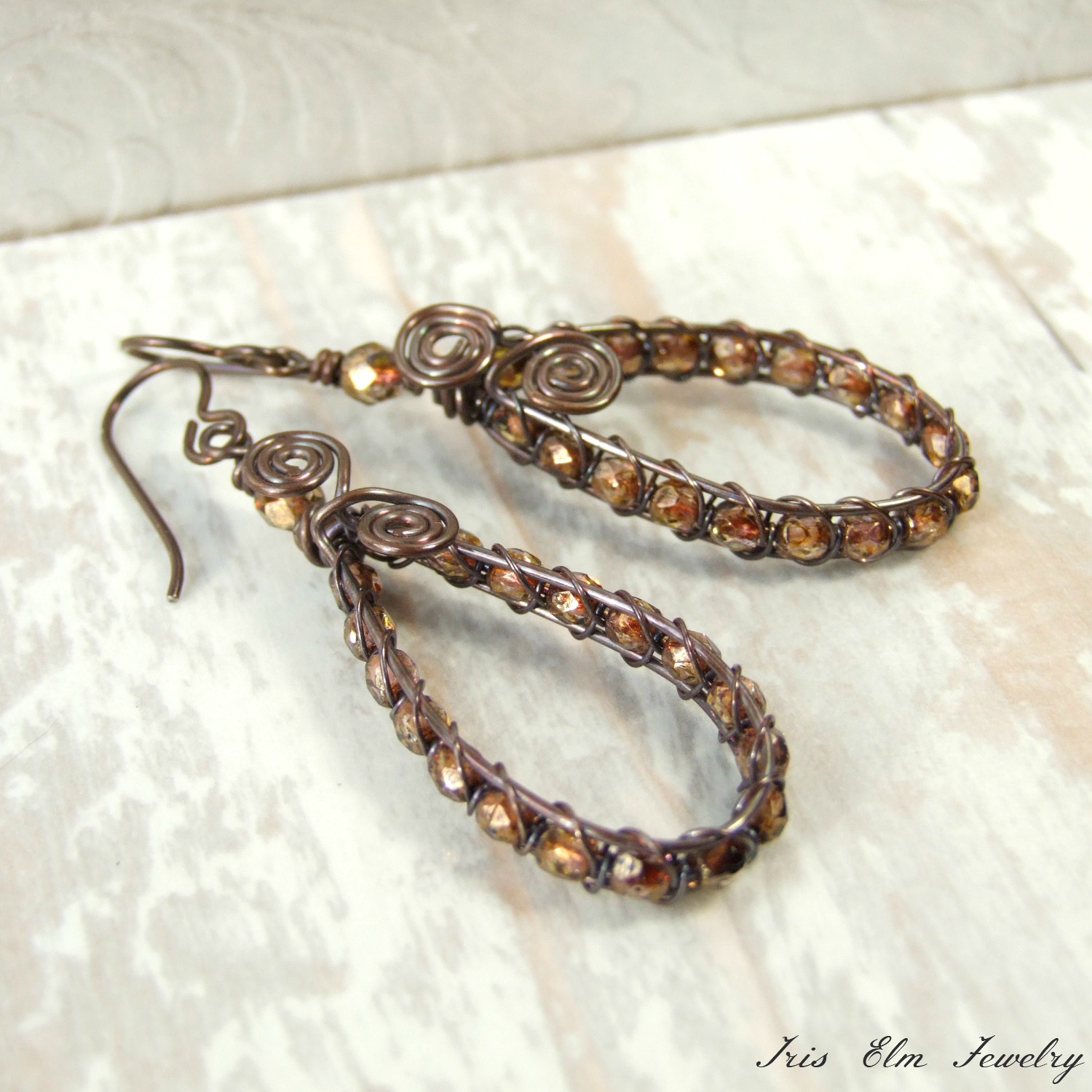 Brown Czech Glass Wire Wrapped Antiqued Copper Teardrop Earrings