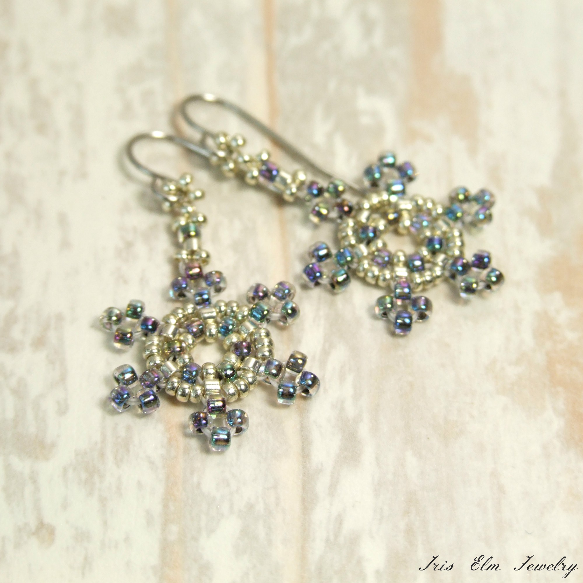 Iridescent Snowflake Glass Seed Bead Winter Dangle Earrings  