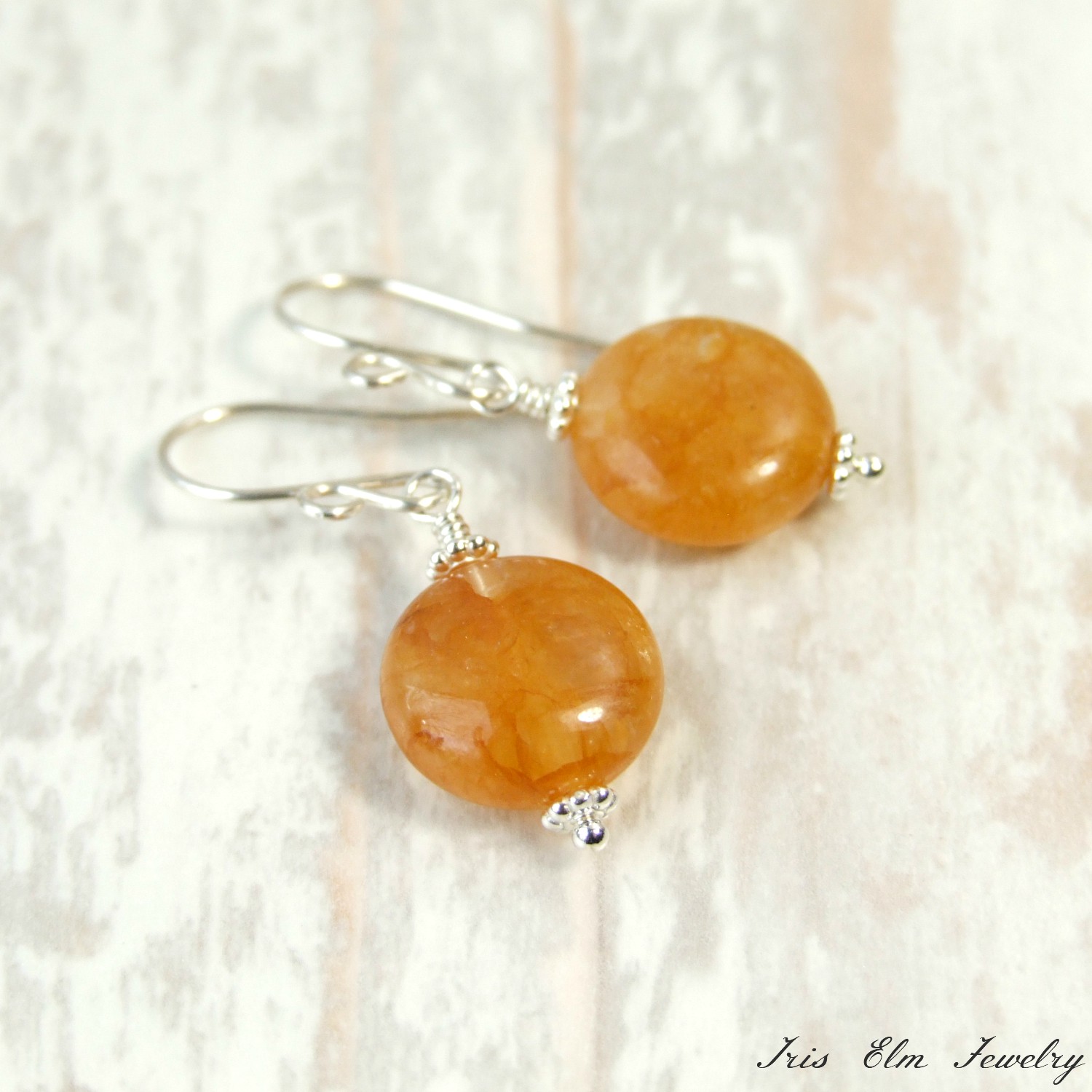 Small Round Yellow Quartz Sterling Stone Drop Earrings