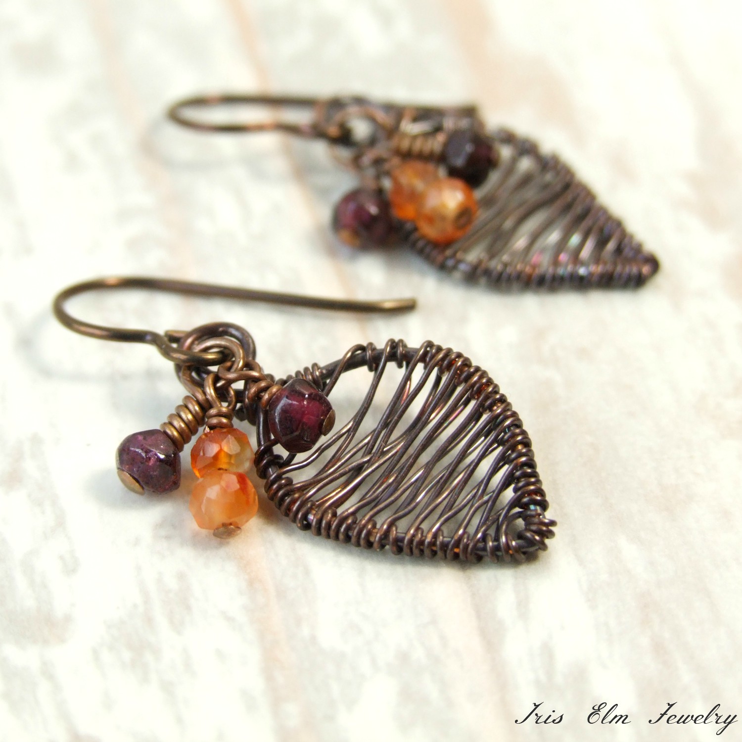 Garnet &amp; Carnelian Small Copper Wire Wrapped Leaf Earrings