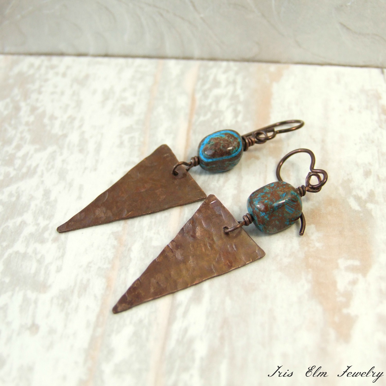 Rustic Blue Sky Jasper Hammered Copper Triangle Earrings