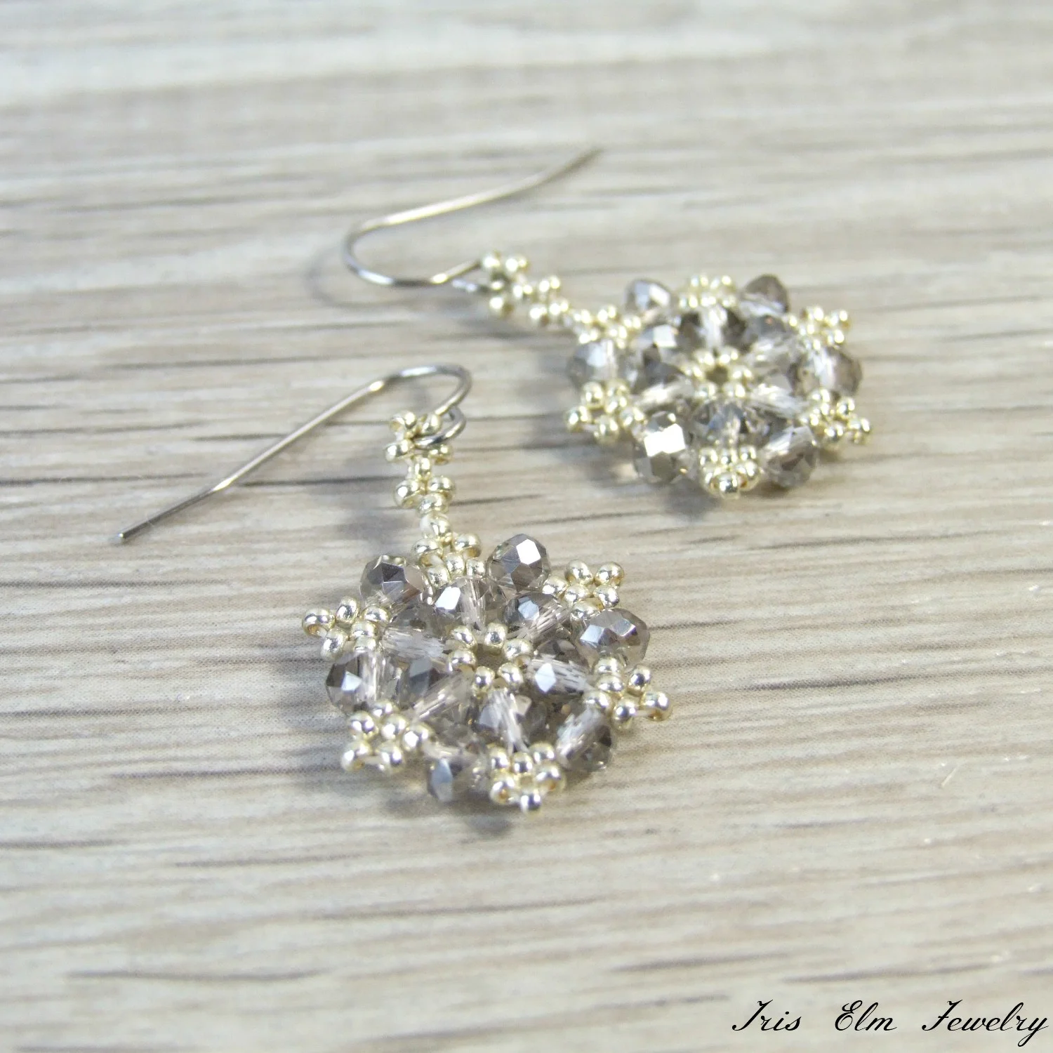 Grey &amp; Silver Faceted Glass Beaded Snowflake Earrings