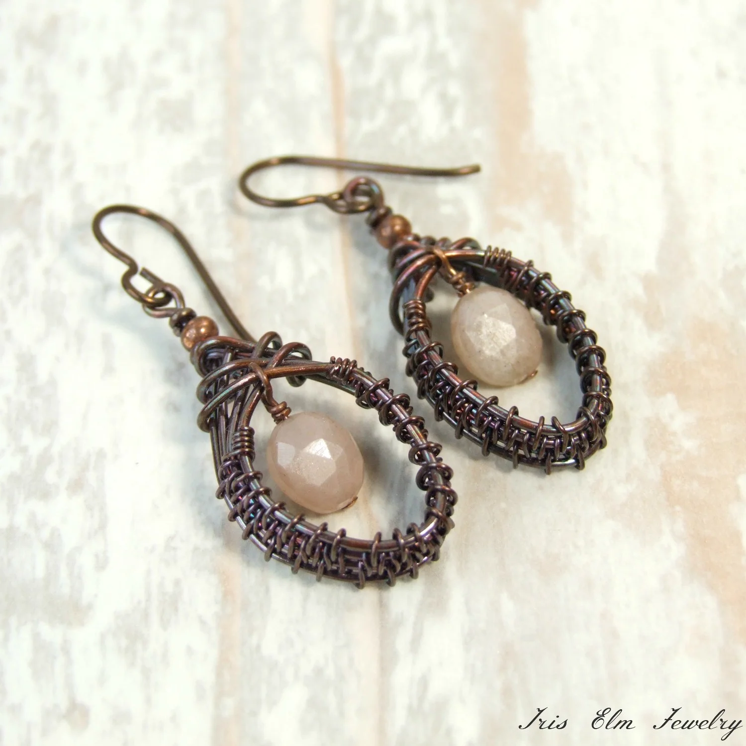 Peach Moonstone Wire Woven Copper Boho Earrings