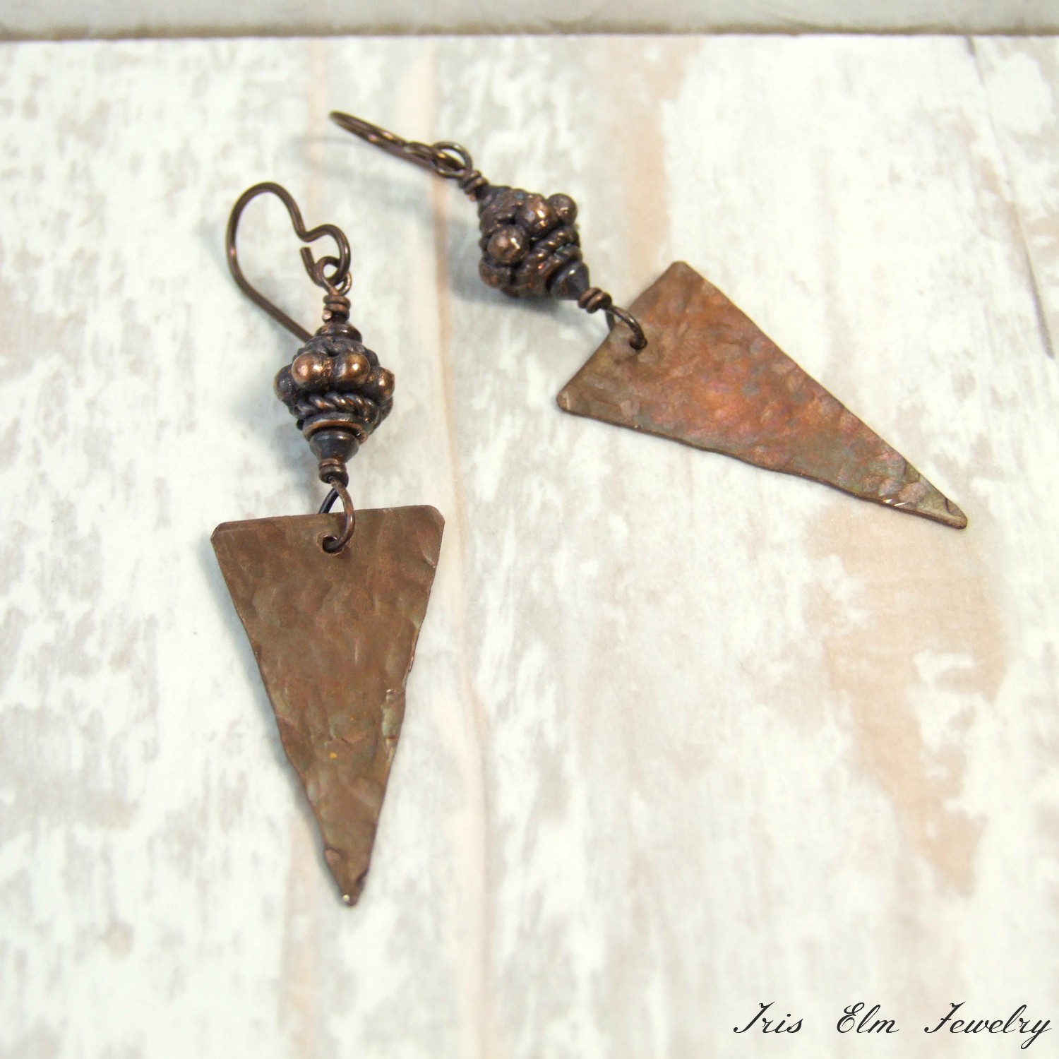 Handcrafted Boho Triangle Rustic Copper Dangle Earrings