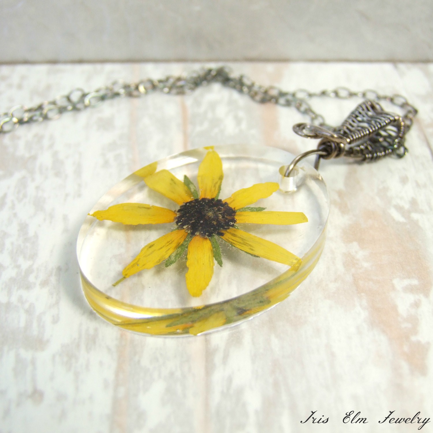 Oxidized Silver Black-Eyed Susan Sunflower Pendant Necklace