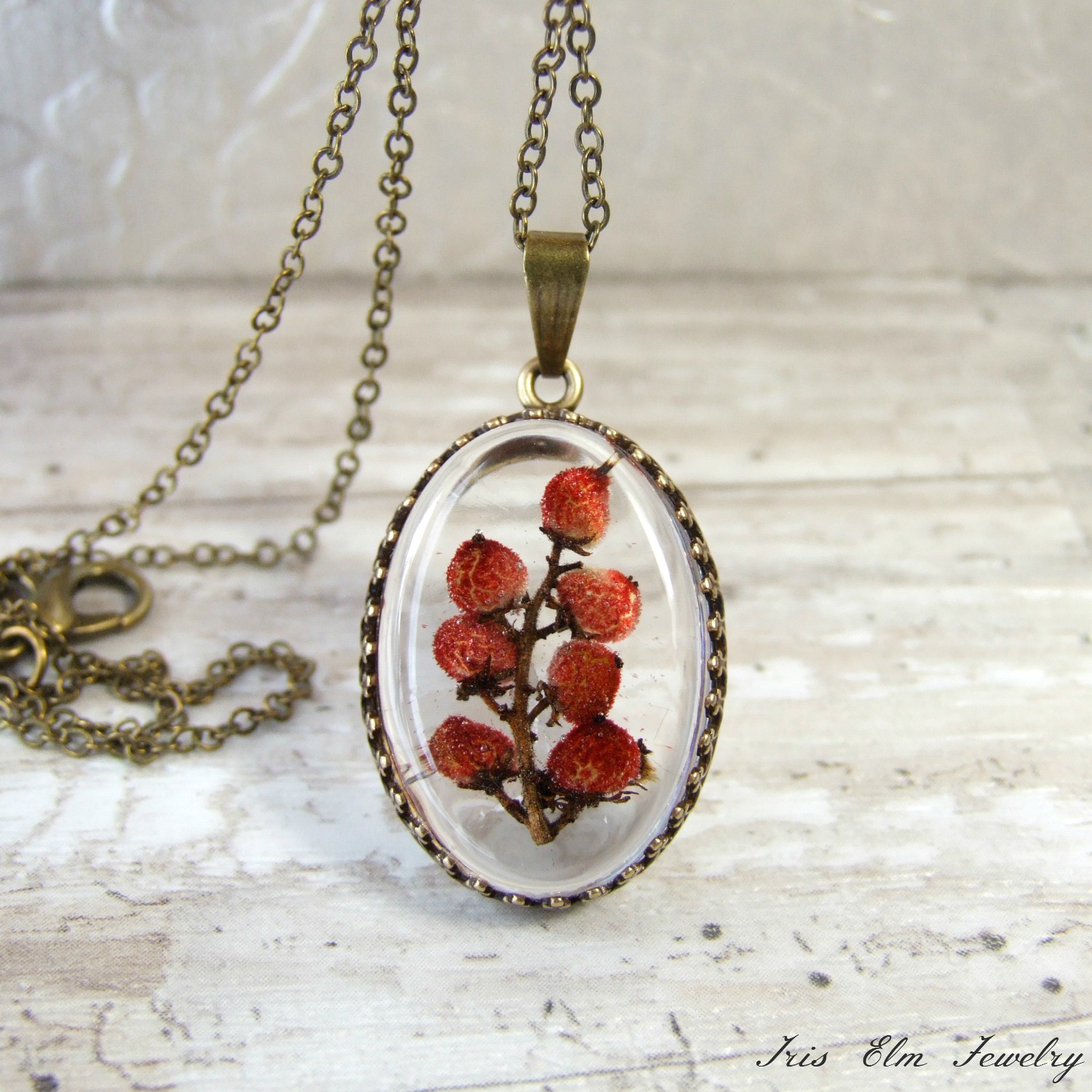 Red Sumac Berries Resin Pendant Necklace