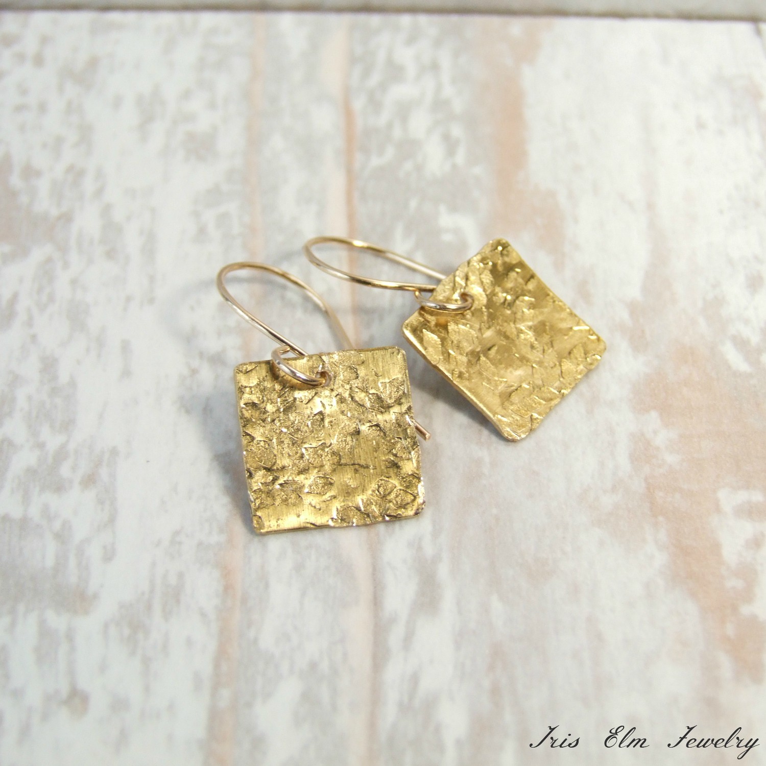 Small Square Hammered Brass Drop Earrings