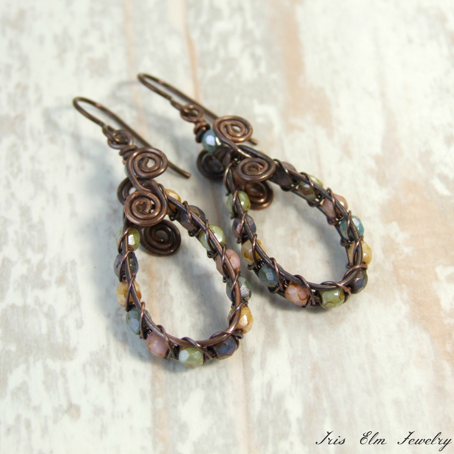 Pretty Glass Wire Woven Copper Teardrop Earrings