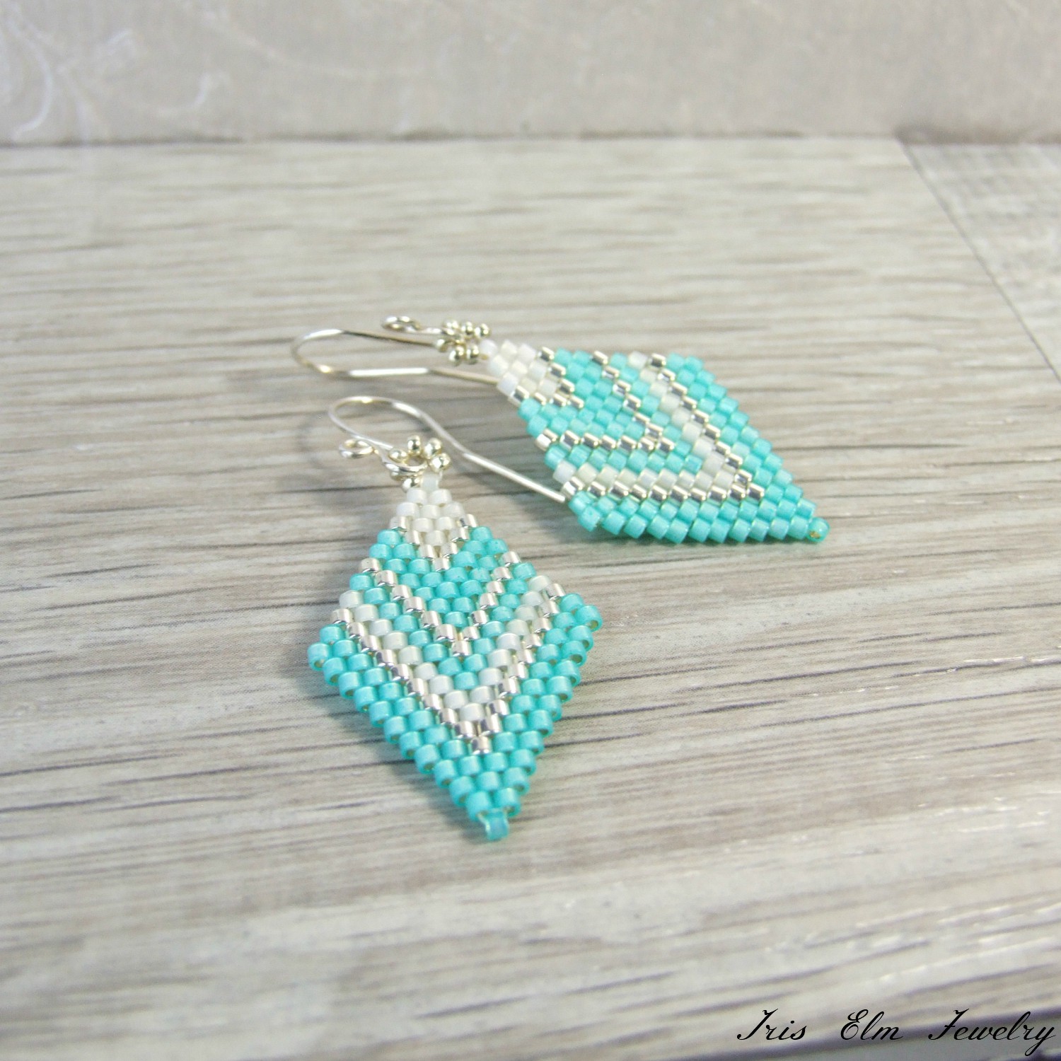 Mint Green &amp; White Lightweight Diamond Shape Glass Earrings