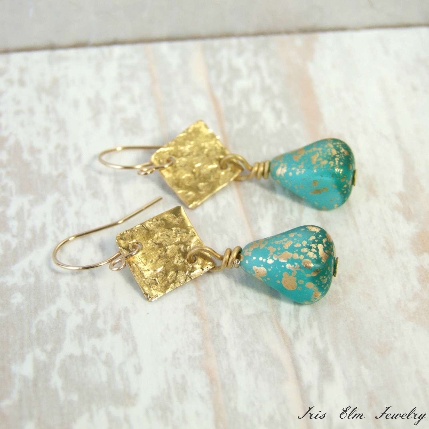 Aqua Blue &amp; Gold Glass Hammered Brass Dangle Earrings