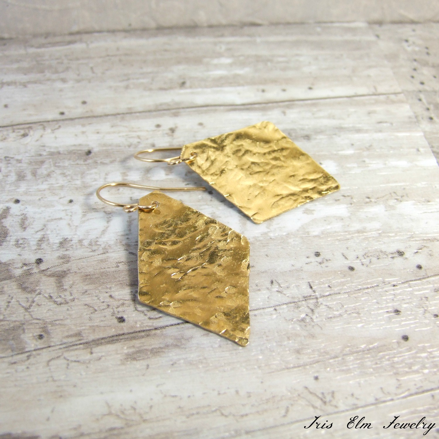 Hammered Brass Diamond Shaped Dangle Earrings