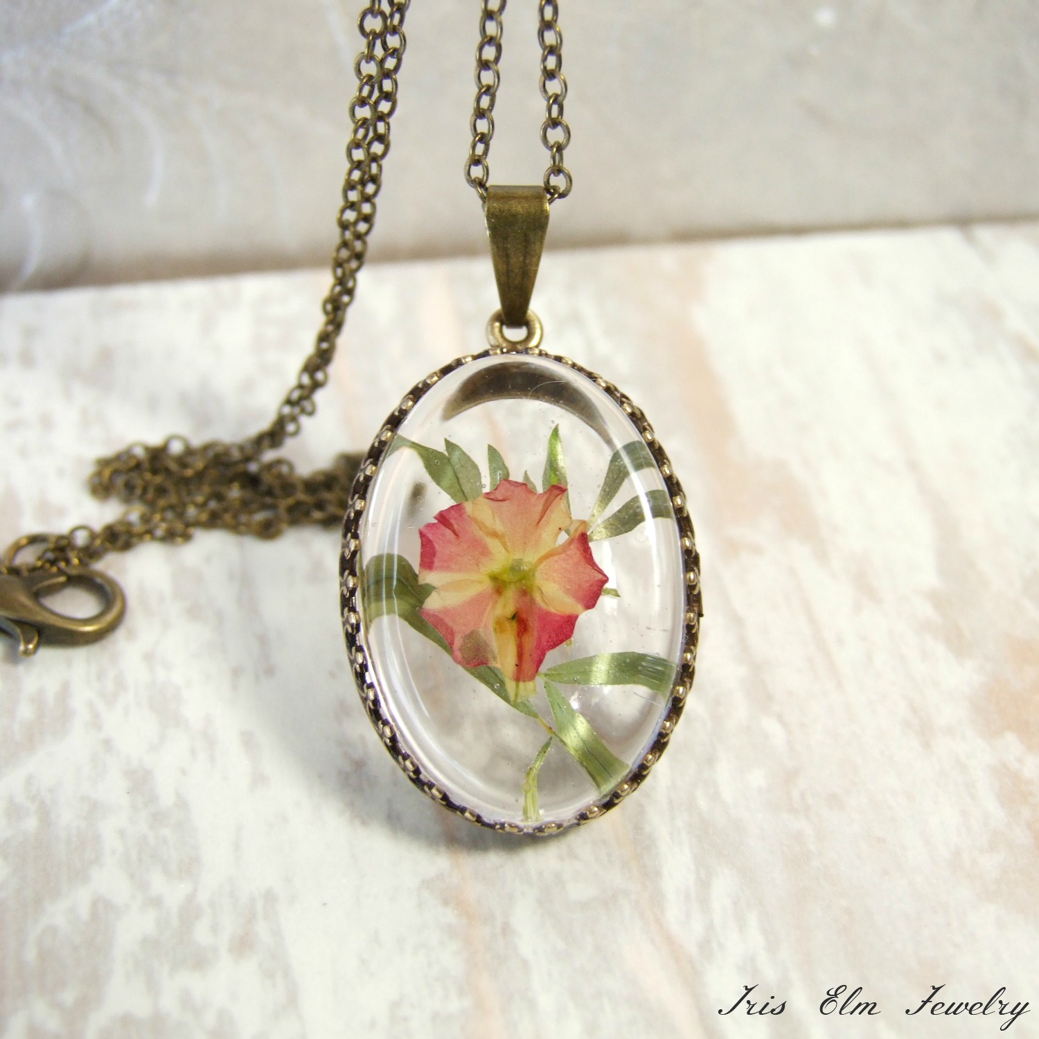Small Pink Pressed Flower Antiqued Brass Necklace