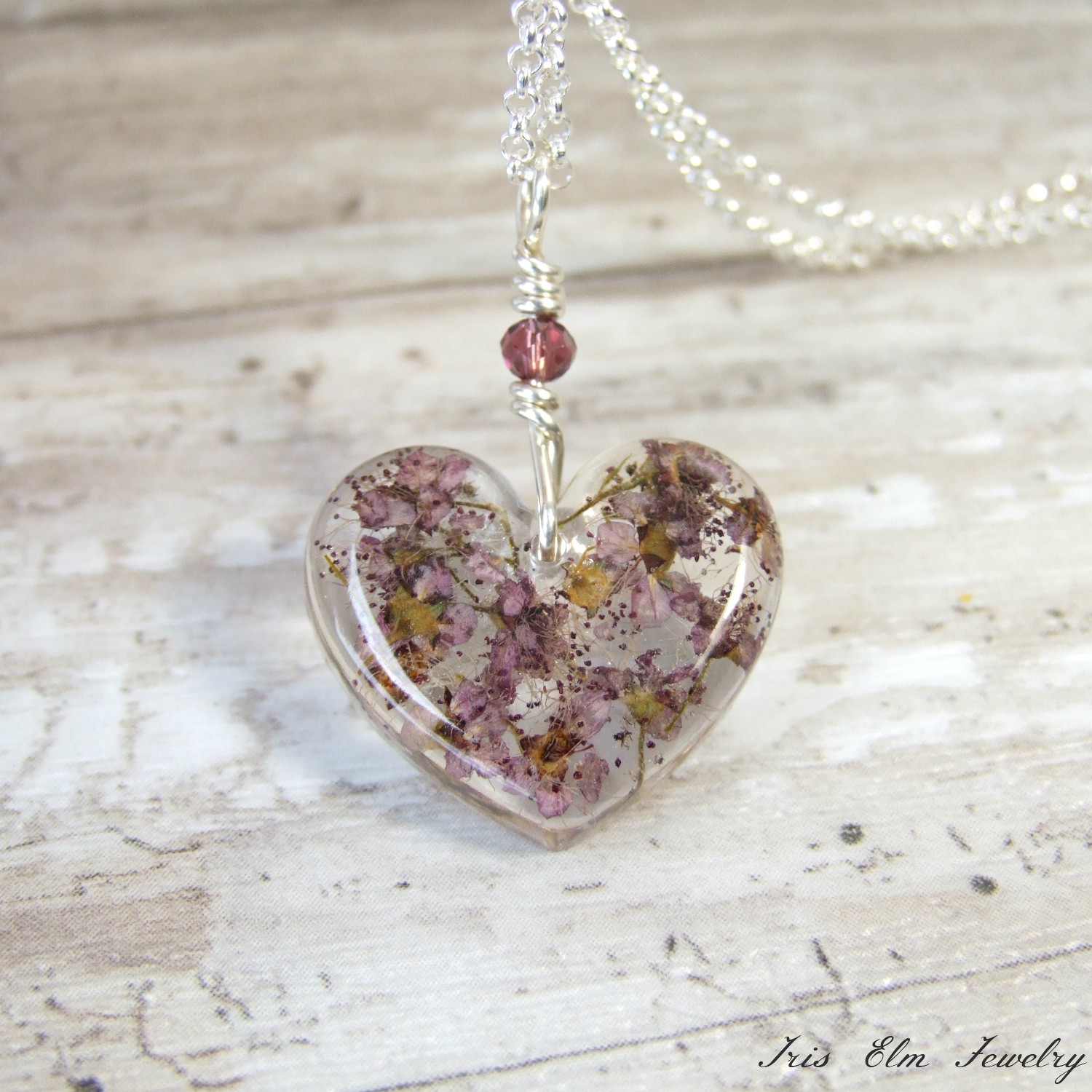 Mauve Real Flowers Small Heart Pendant Necklace