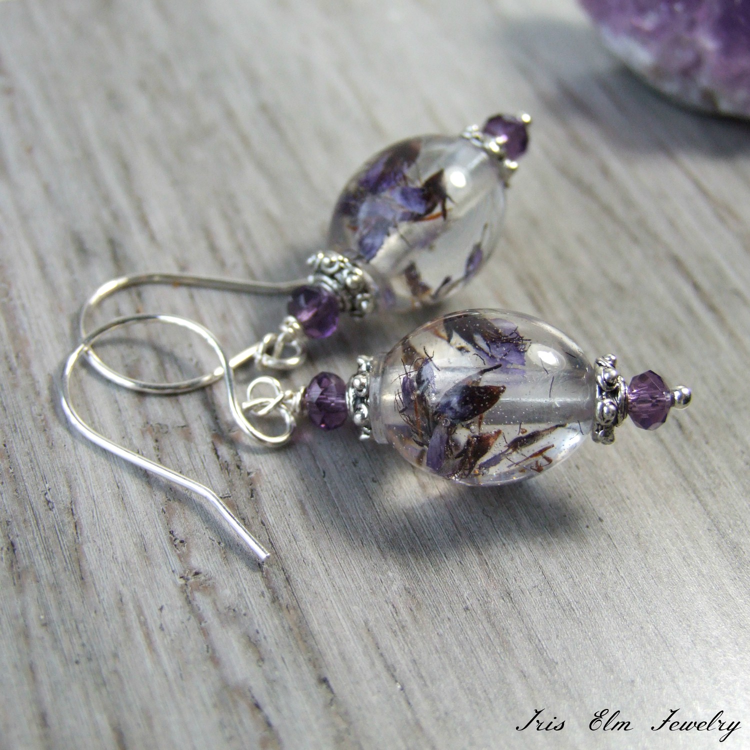 Vintage Style Purple Pressed Wildflower Drop Earrings