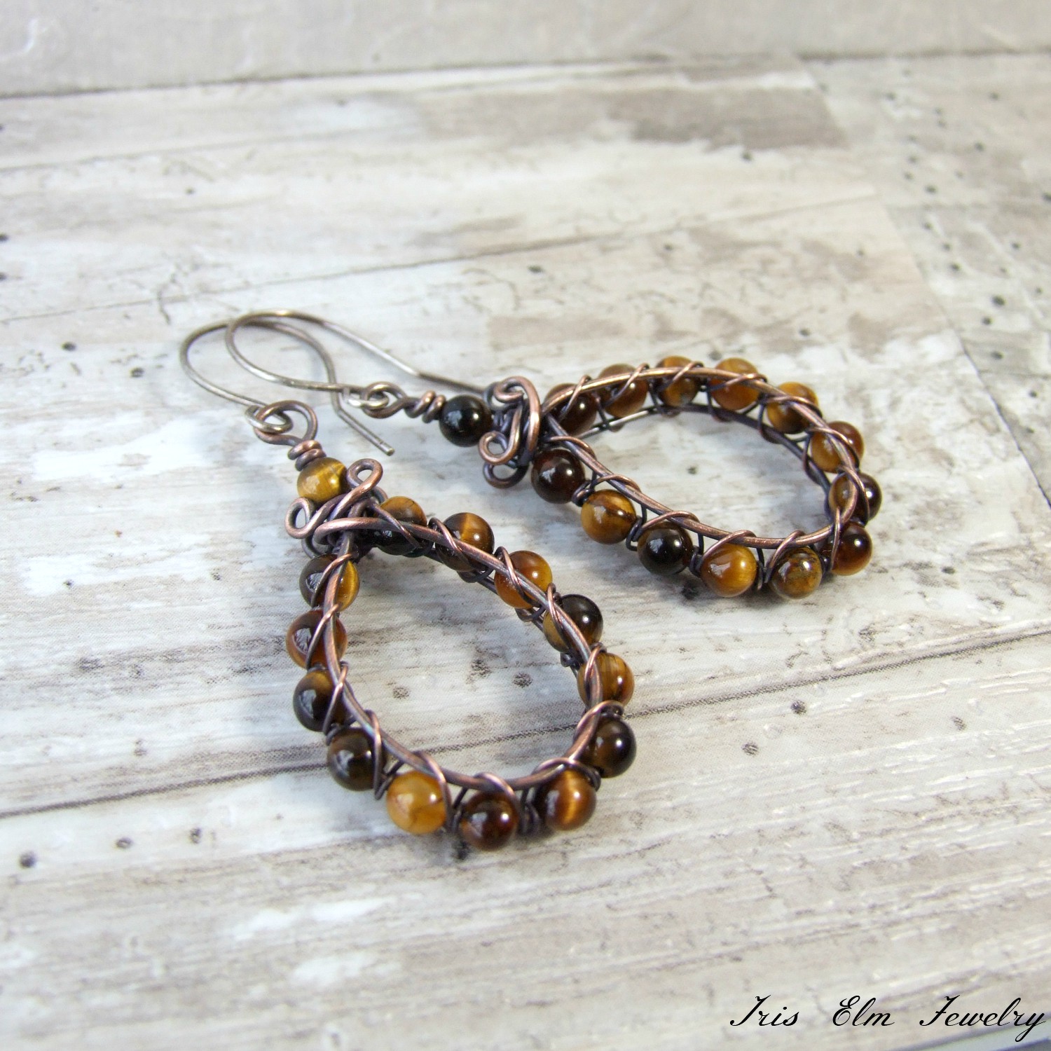 Copper Wire Wrapped Teardrop Tiger Eye Earrings