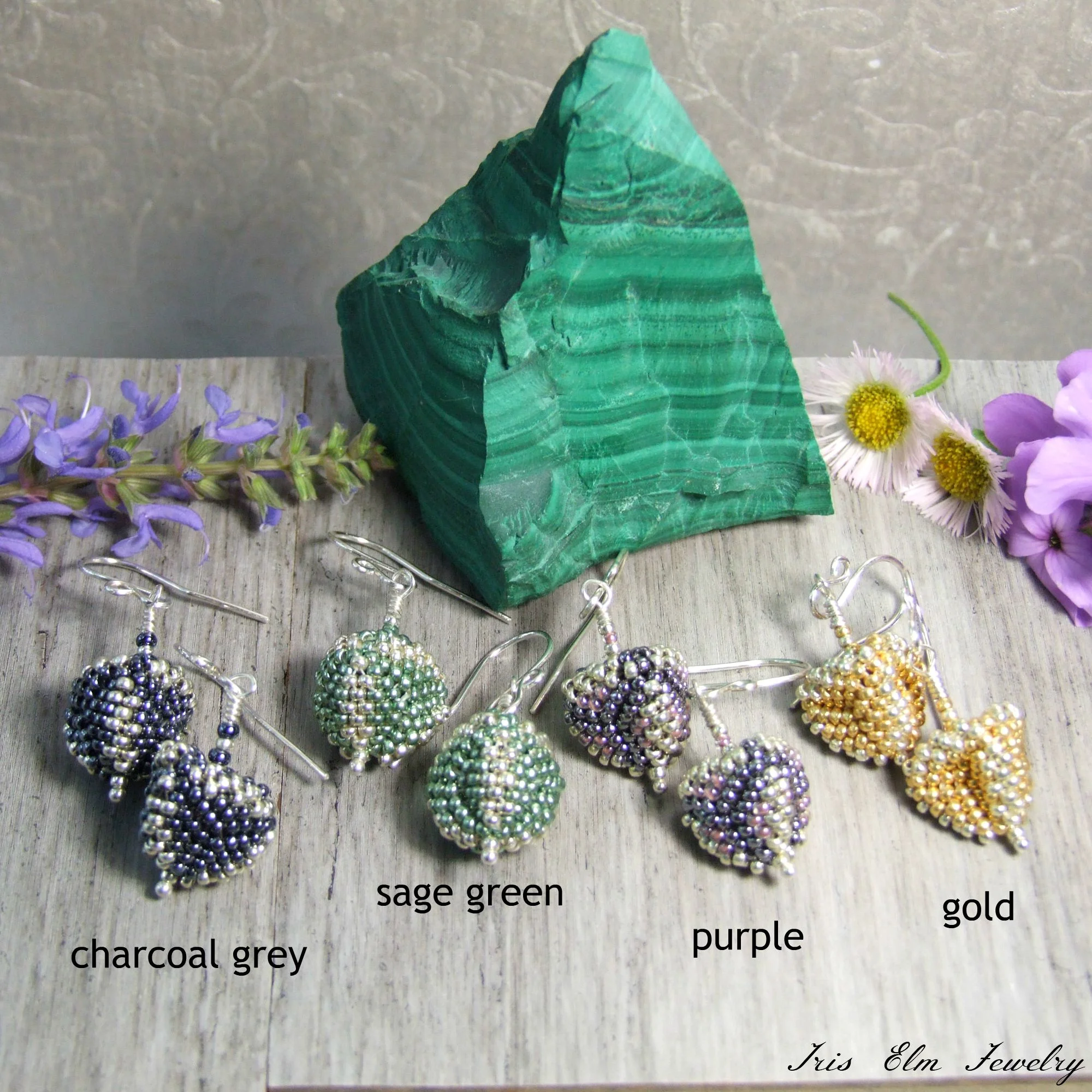 unique small beadwoven 3d triangle earrings grey green purple gold handmade jewelry