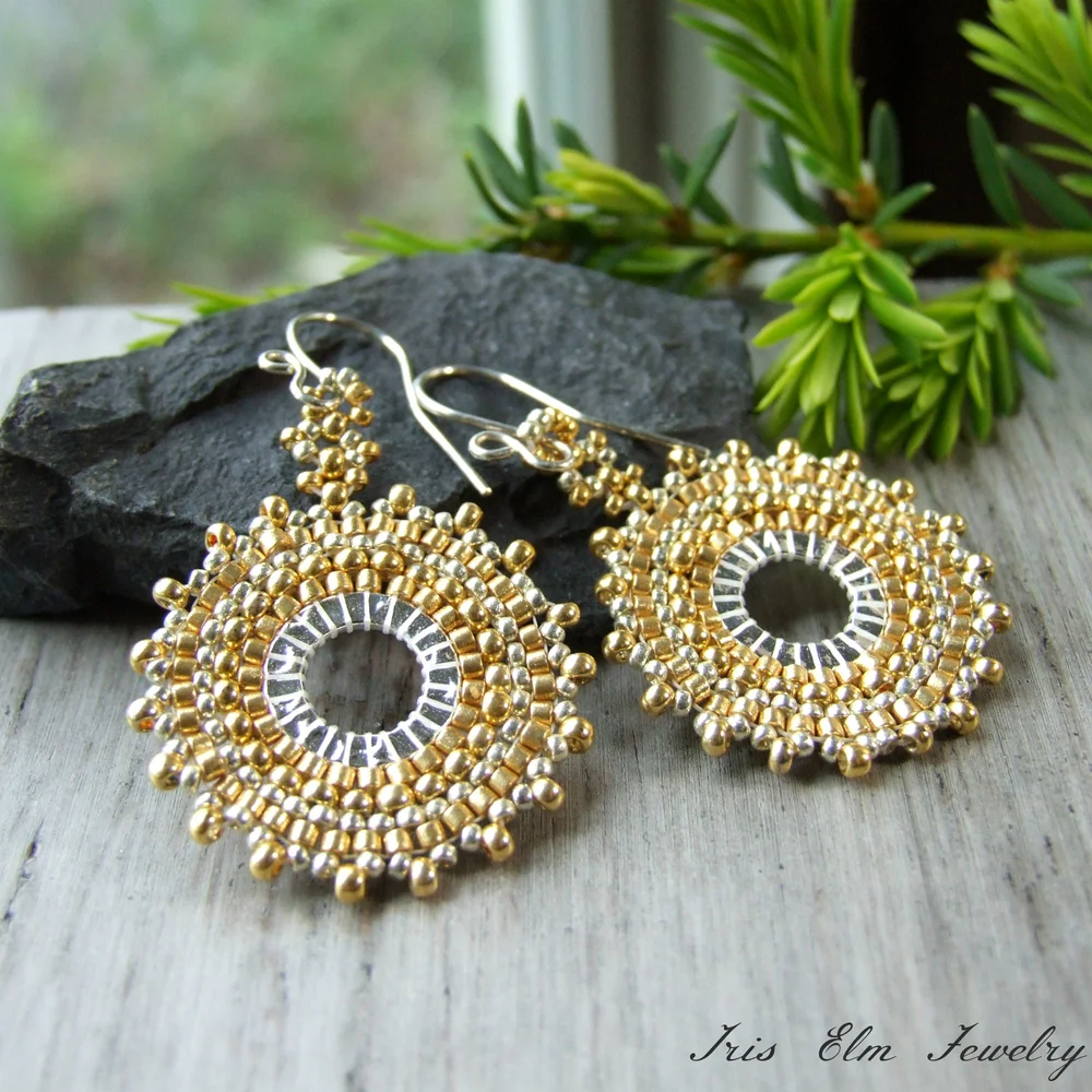 Gold Boho Woven Glass Seed Bead Hoop Dangle Earrings Iris