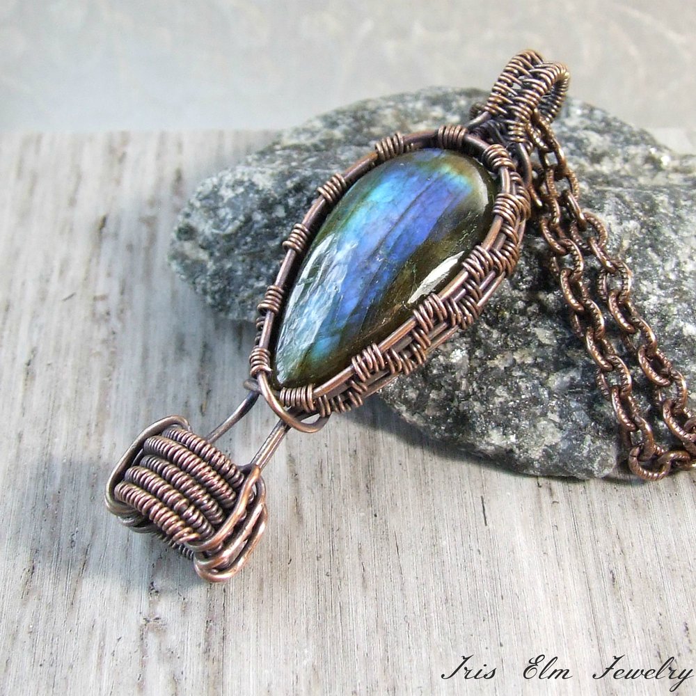 Small labradorite wire wrapped copper pendant necklace